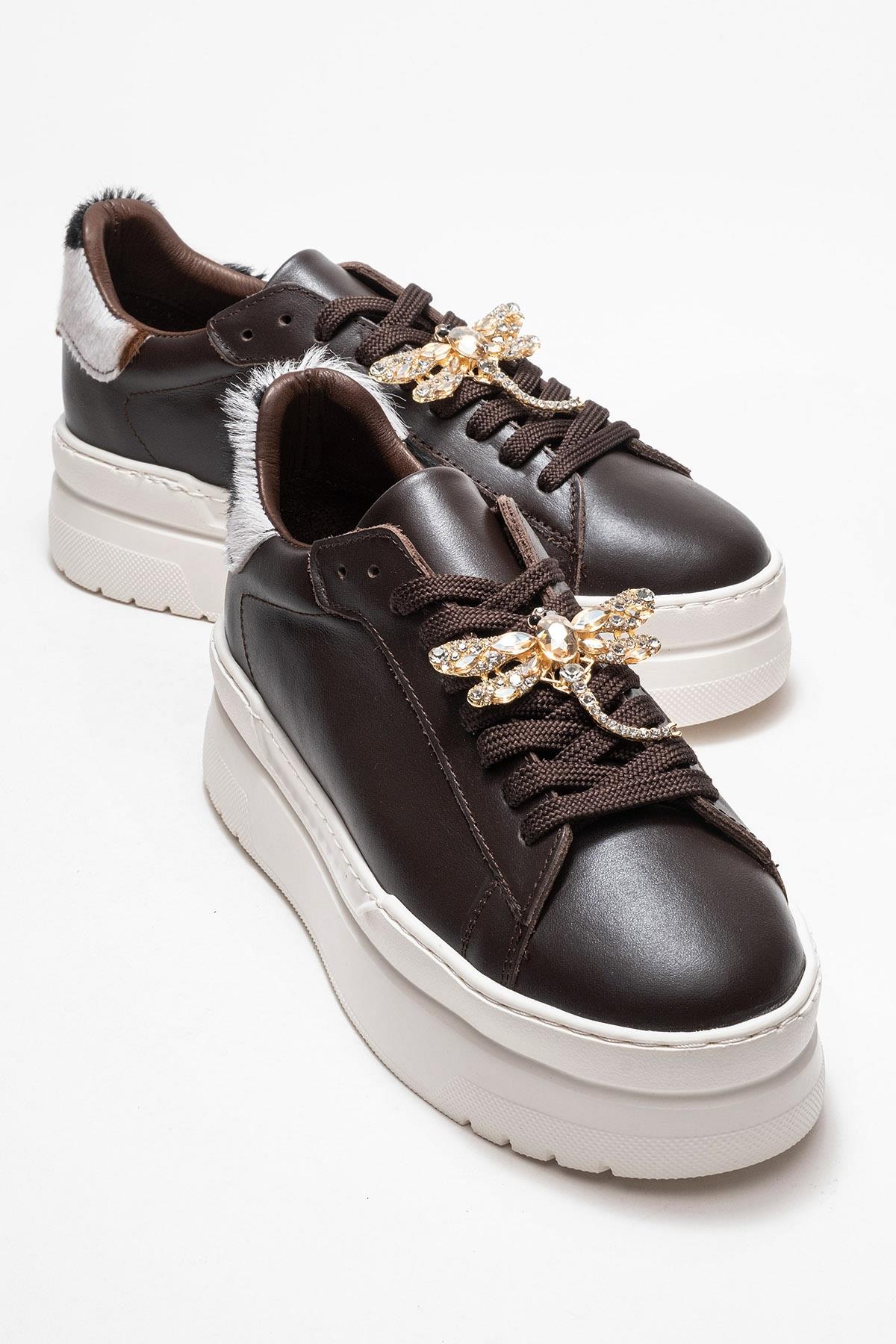Laren - Brown Genuine Leather Buckle Casual Sneaker – front three-quarter view showing leather, Vowalisse