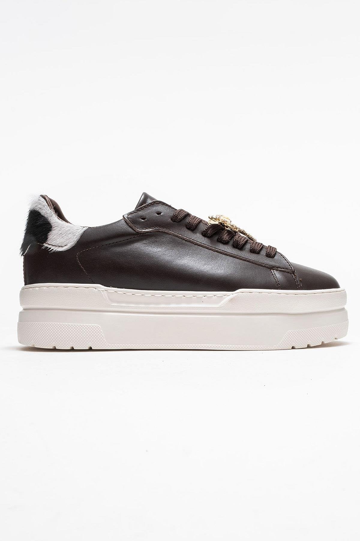 Laren - Brown Genuine Leather Buckle Casual Sneaker – top view showing leather, Vowalisse