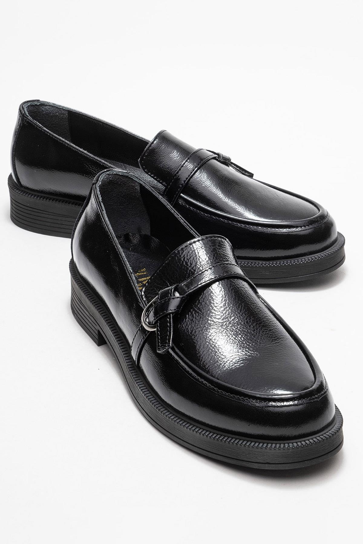 Galea - Black Patent Buckled Genuine Leather Loafer – front three-quarter view showing leather, black, Vowalisse