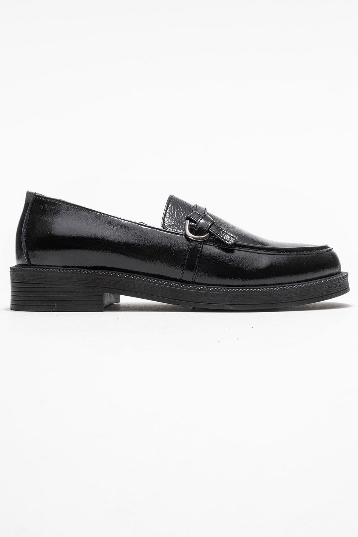 Galea - Black Patent Buckled Genuine Leather Loafer – top view showing leather, black, Vowalisse