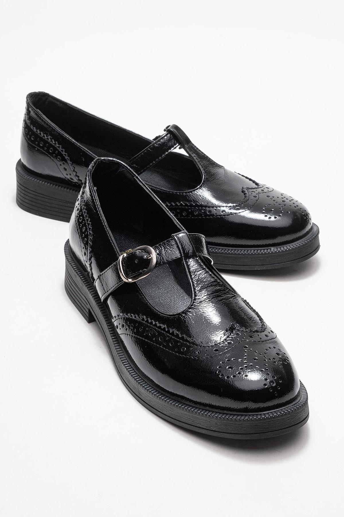 Janney - Black Patent Genuine Leather Banded Loafer – front three-quarter view showing leather, black, red, Vowalisse