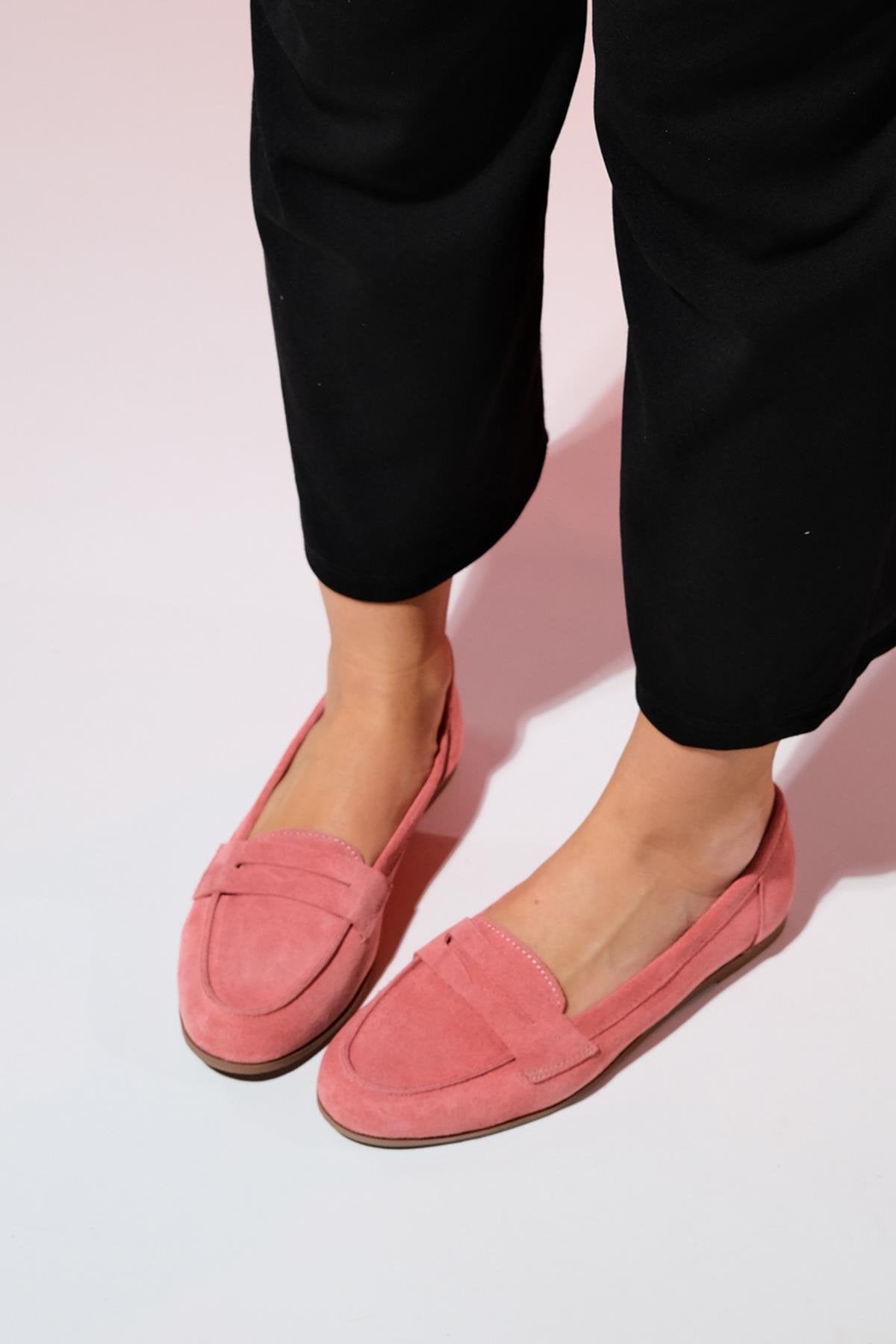 Dorothy - Dusty Rose Suede Leather Loafers – front three-quarter view showing leather, suede, Vowalisse