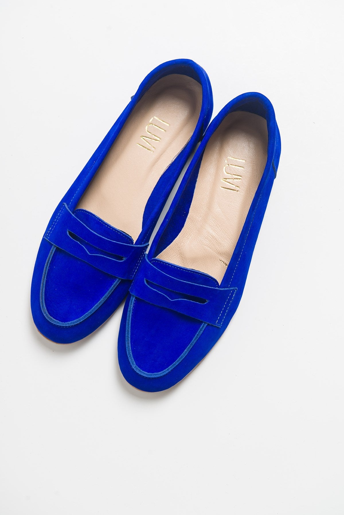 Dorothy - Dark Blue Suede Leather Loafers – front three-quarter view showing leather, suede, blue, Vowalisse