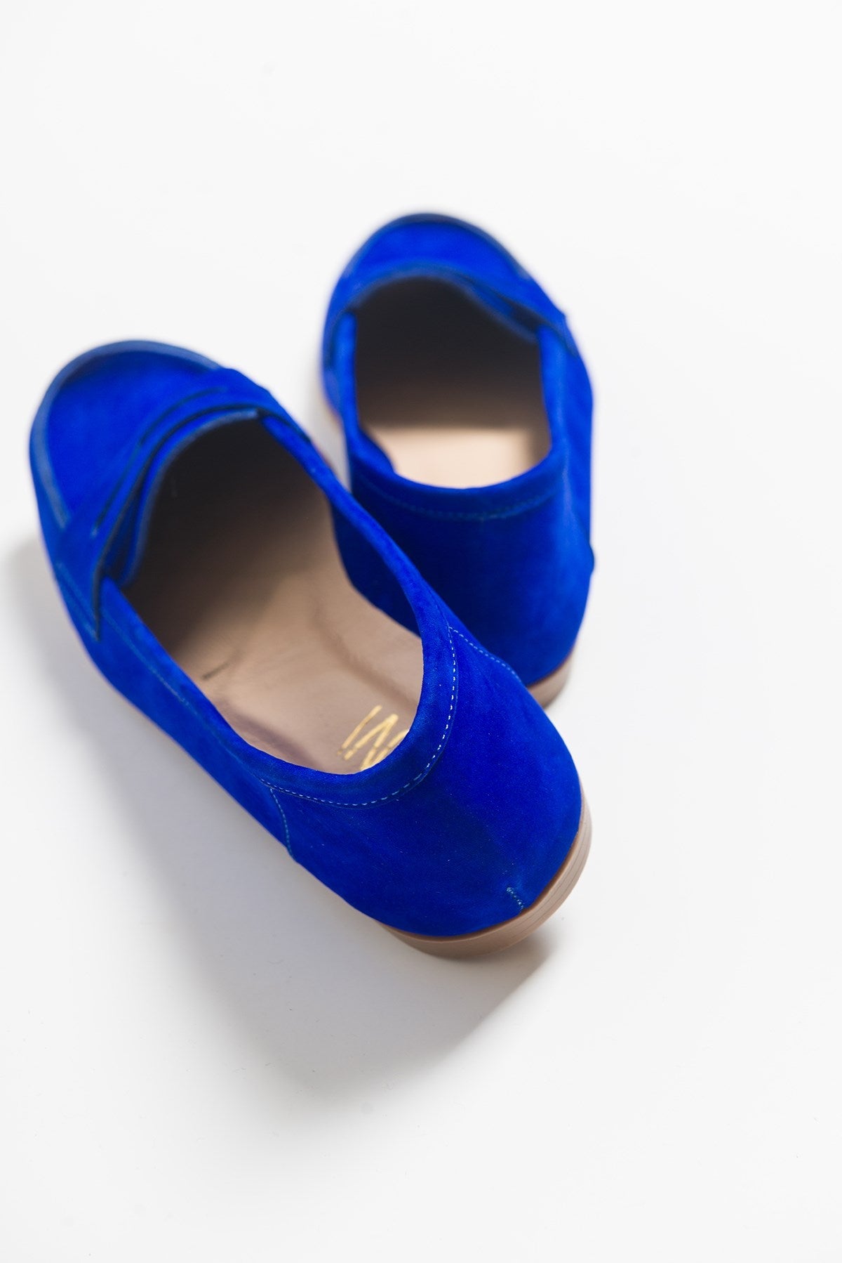Dorothy - Dark Blue Suede Leather Loafers – heel view showing leather, suede, blue, Vowalisse