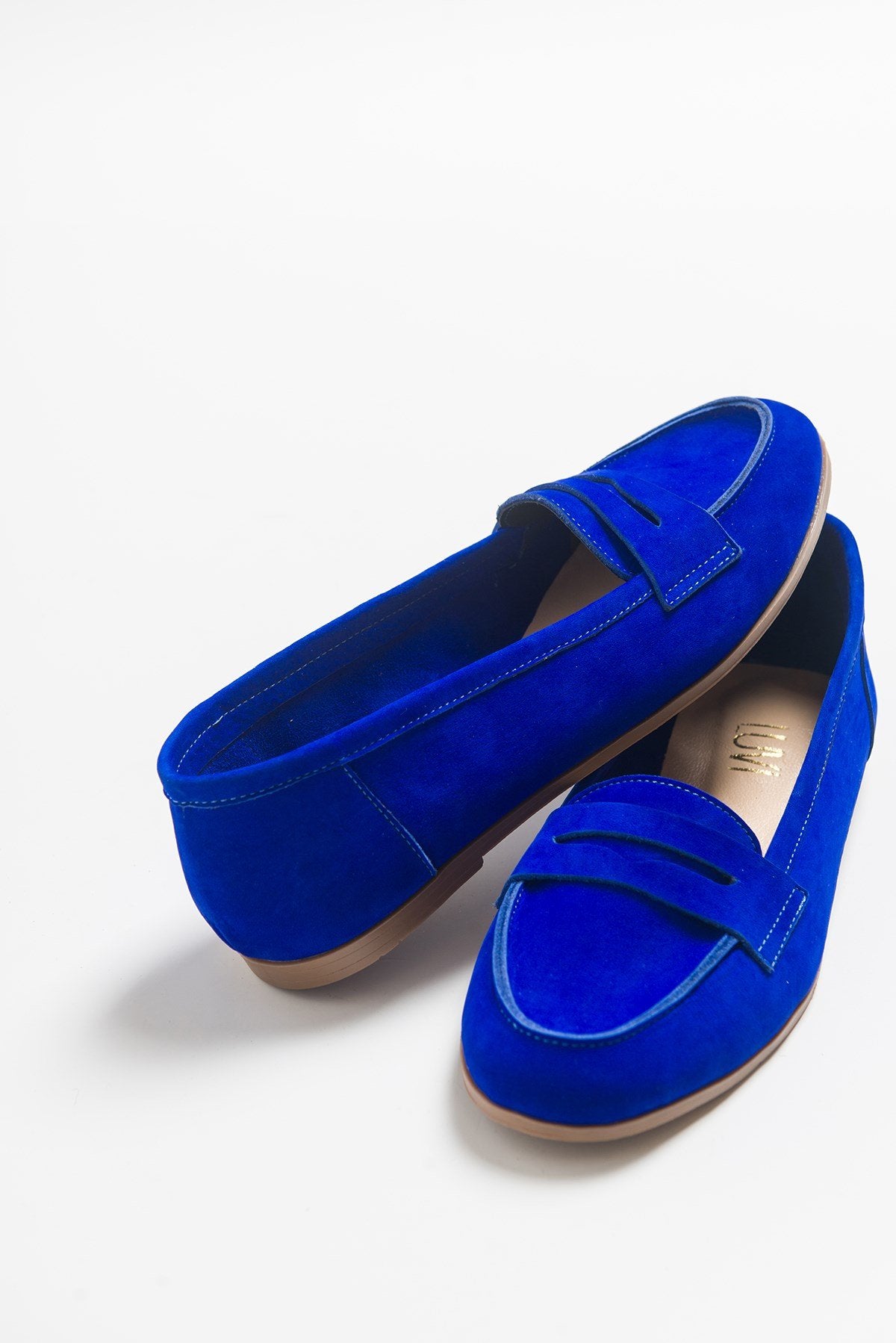 Dorothy - Dark Blue Suede Leather Loafers – top view showing leather, suede, blue, Vowalisse