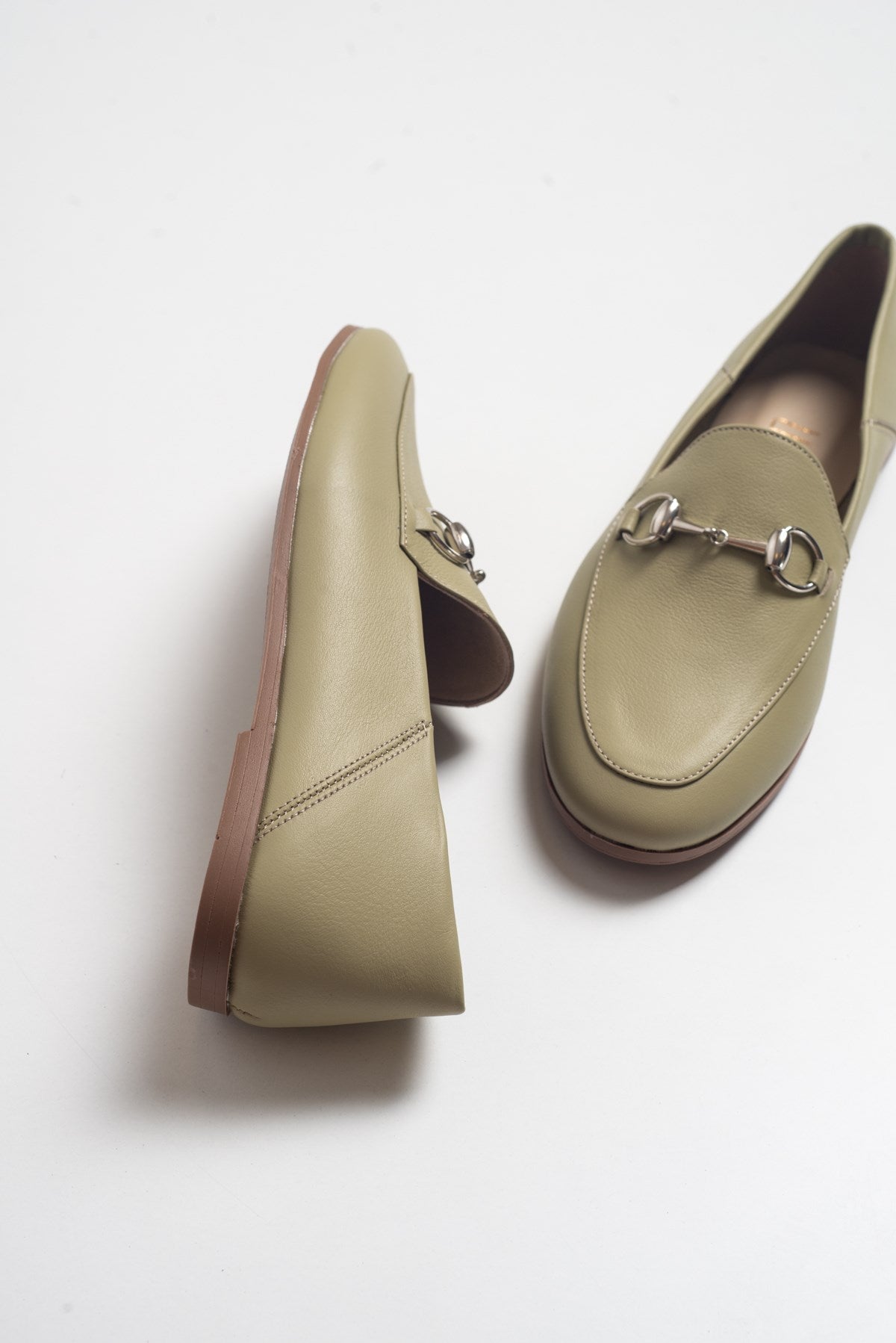 Penny - Olive Green Leather Horsebit Loafers – detail view showing leather, suede, green, Vowalisse