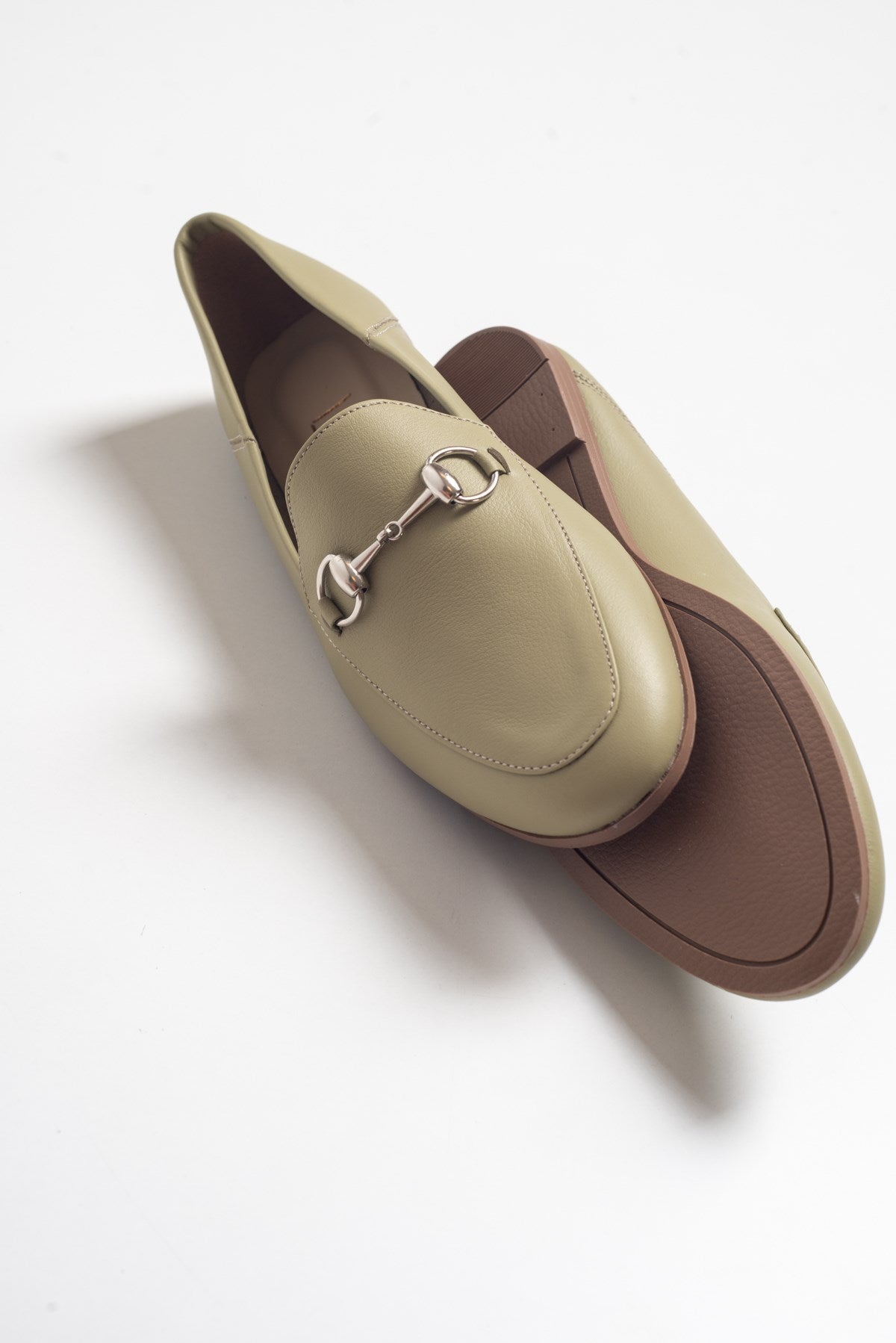 Penny - Olive Green Leather Horsebit Loafers – heel view showing leather, suede, green, Vowalisse