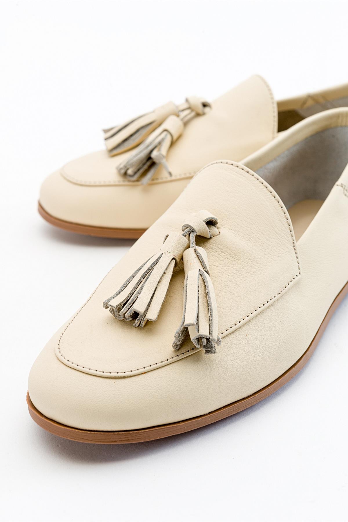 Mona - Light Beige Soft Leather Tassel Loafers – side view showing leather, suede, red, Vowalisse