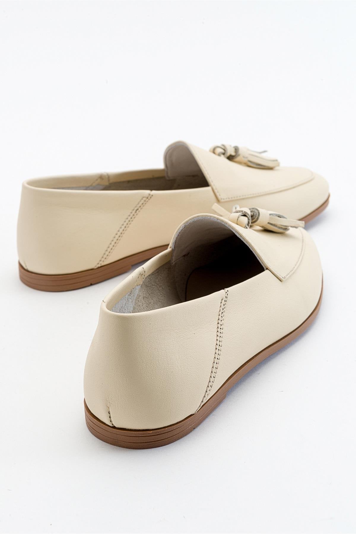 Mona - Light Beige Soft Leather Tassel Loafers – detail view showing leather, suede, red, Vowalisse