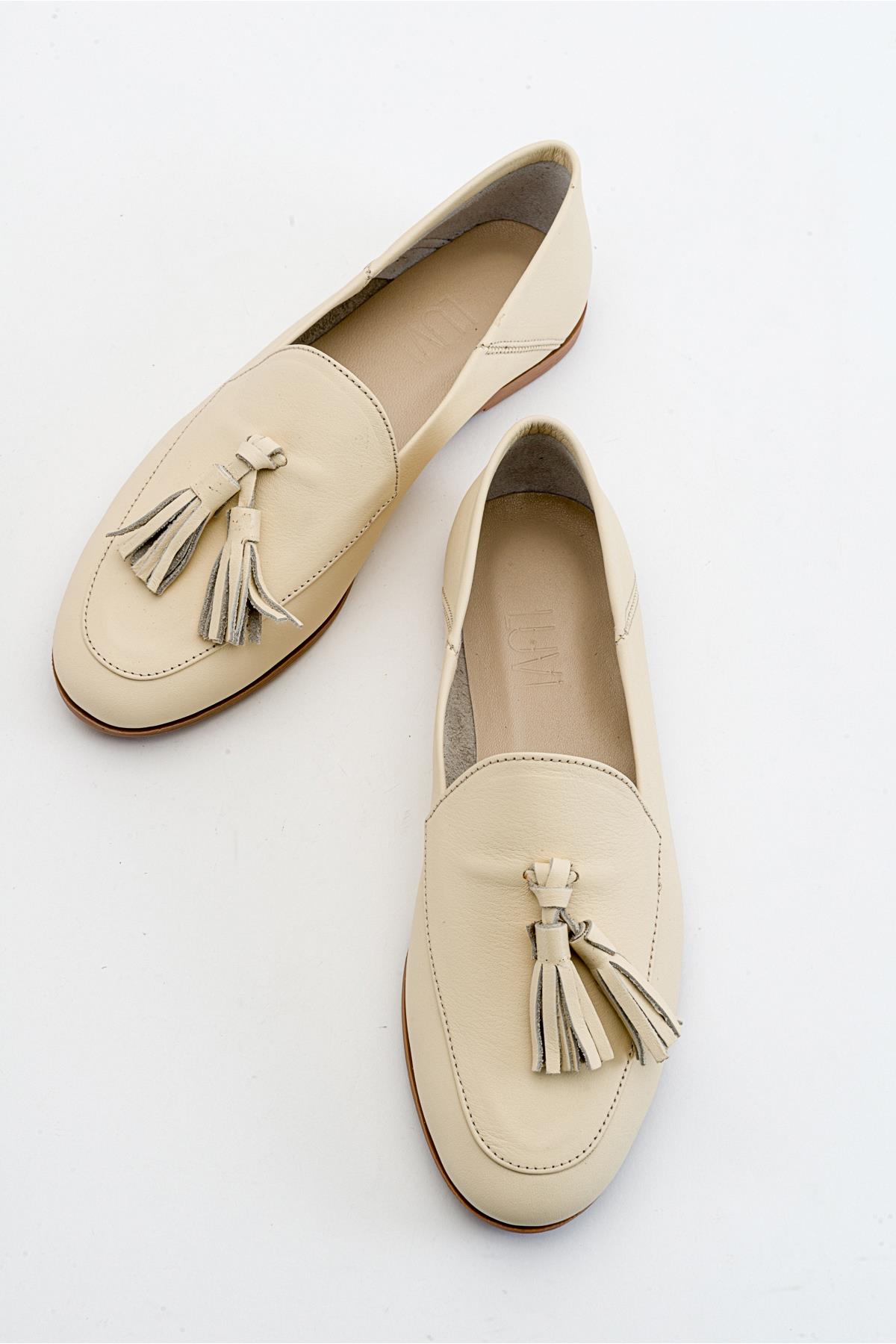 Mona - Light Beige Soft Leather Tassel Loafers – heel view showing leather, suede, red, Vowalisse