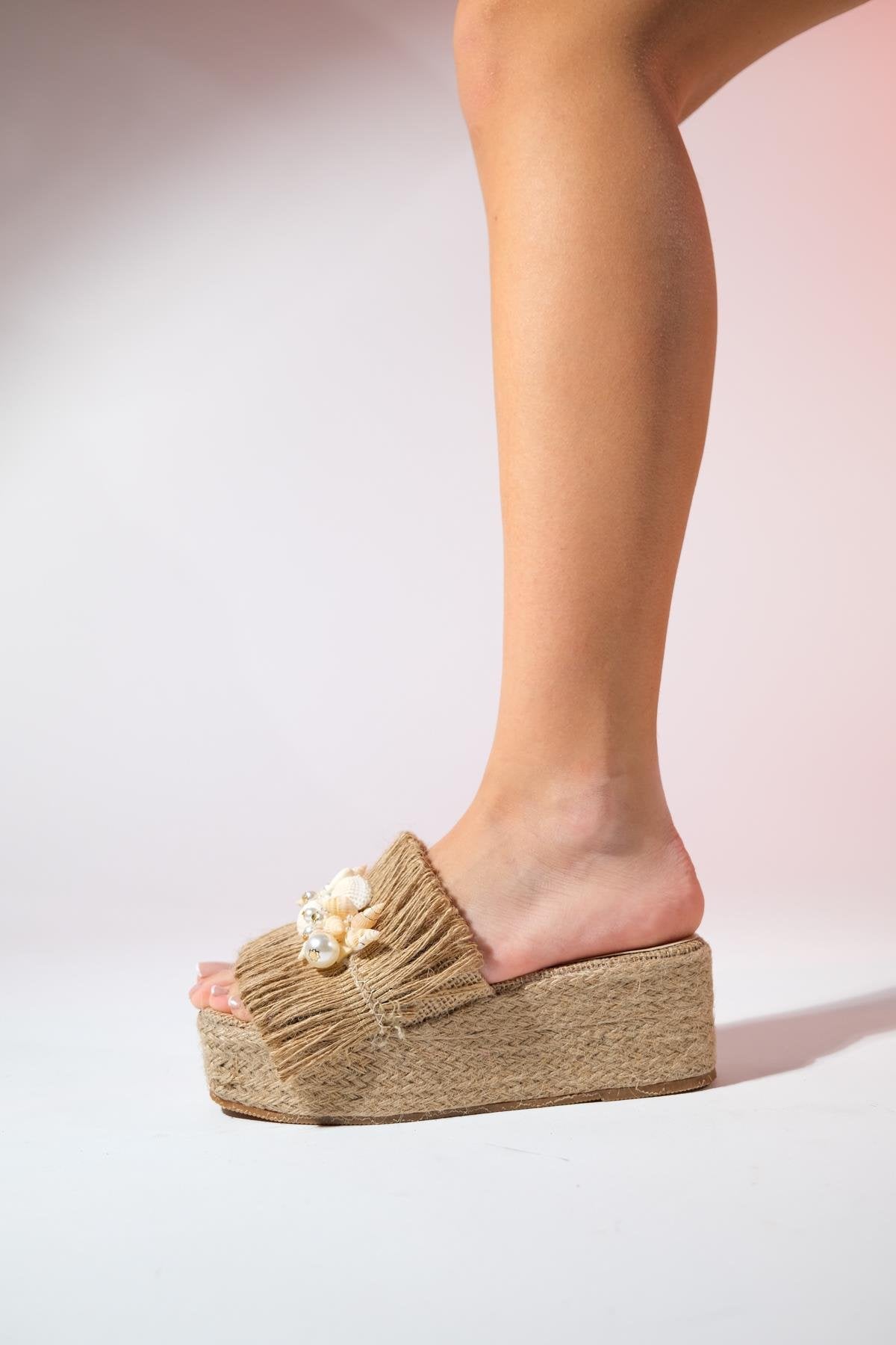 DION Brown Raffia Seashell Wedge Mules – back view showing leather, Vowalisse