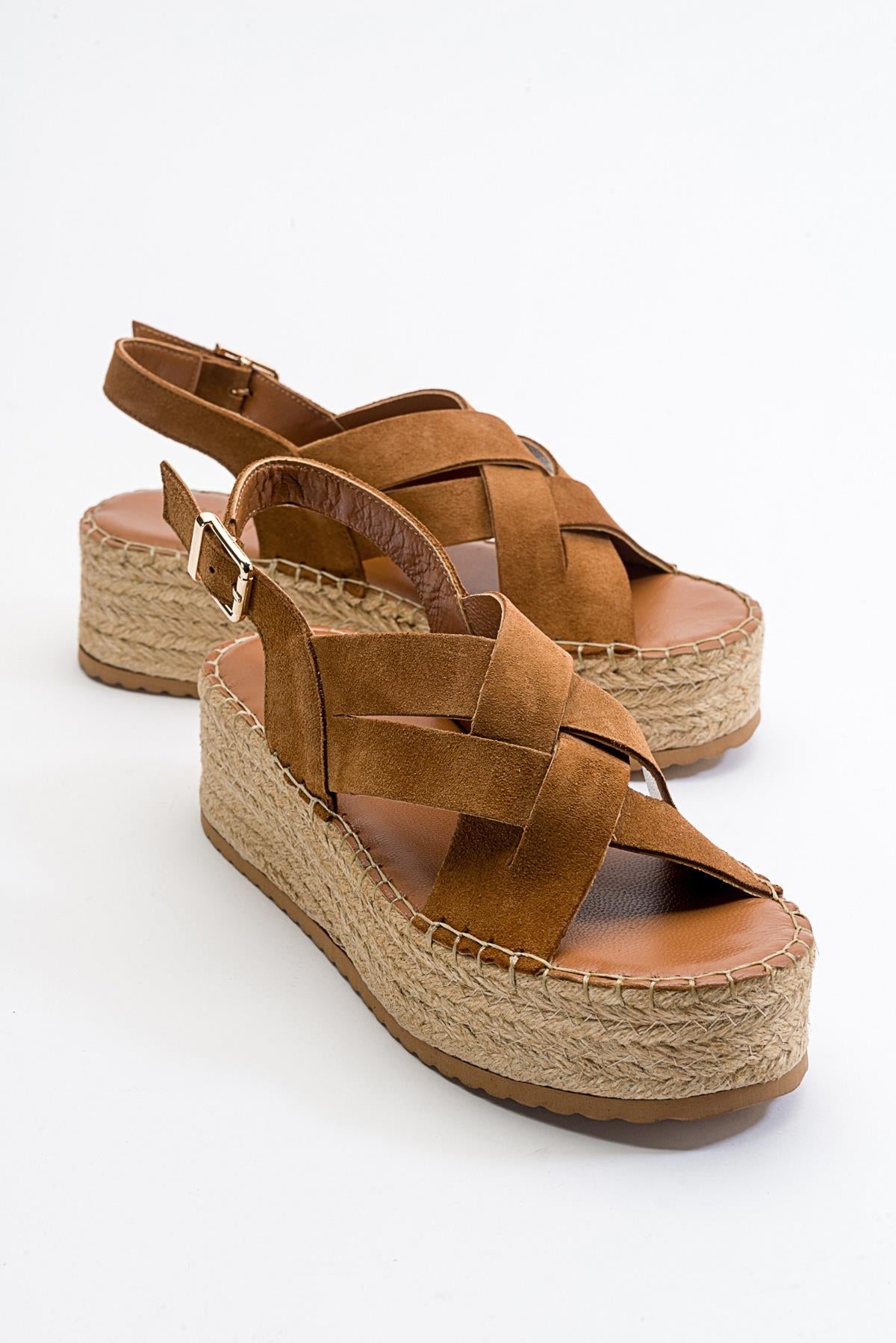 Lontano - Cognac Brown Suede Leather Platform Sandal – front three-quarter view showing leather, suede, Vowalisse