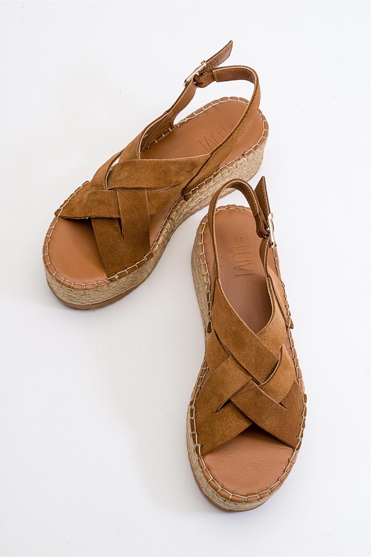 Lontano - Cognac Brown Suede Leather Platform Sandal – side view showing leather, suede, Vowalisse