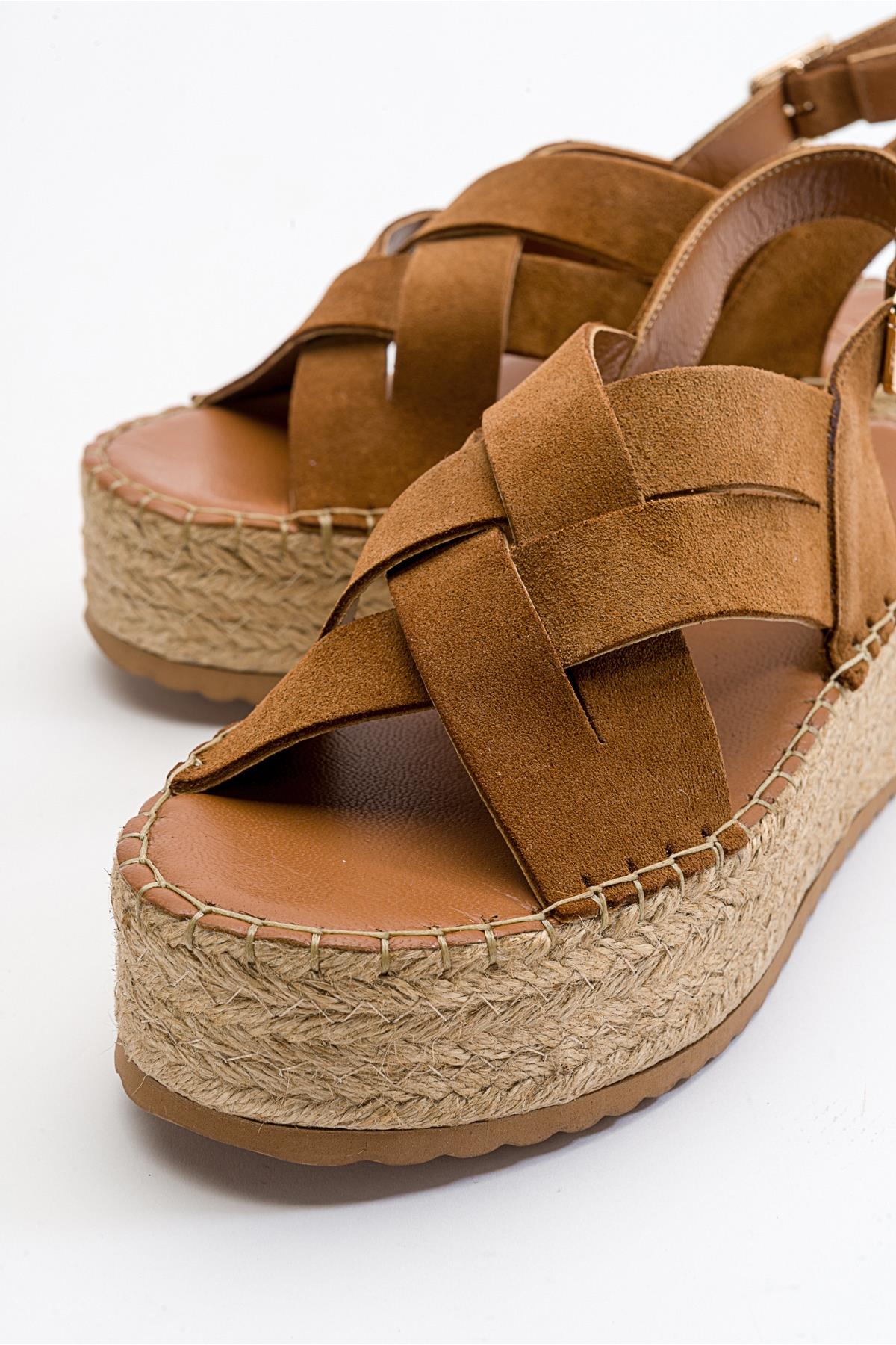 Lontano - Cognac Brown Suede Leather Platform Sandal – heel view showing leather, suede, Vowalisse