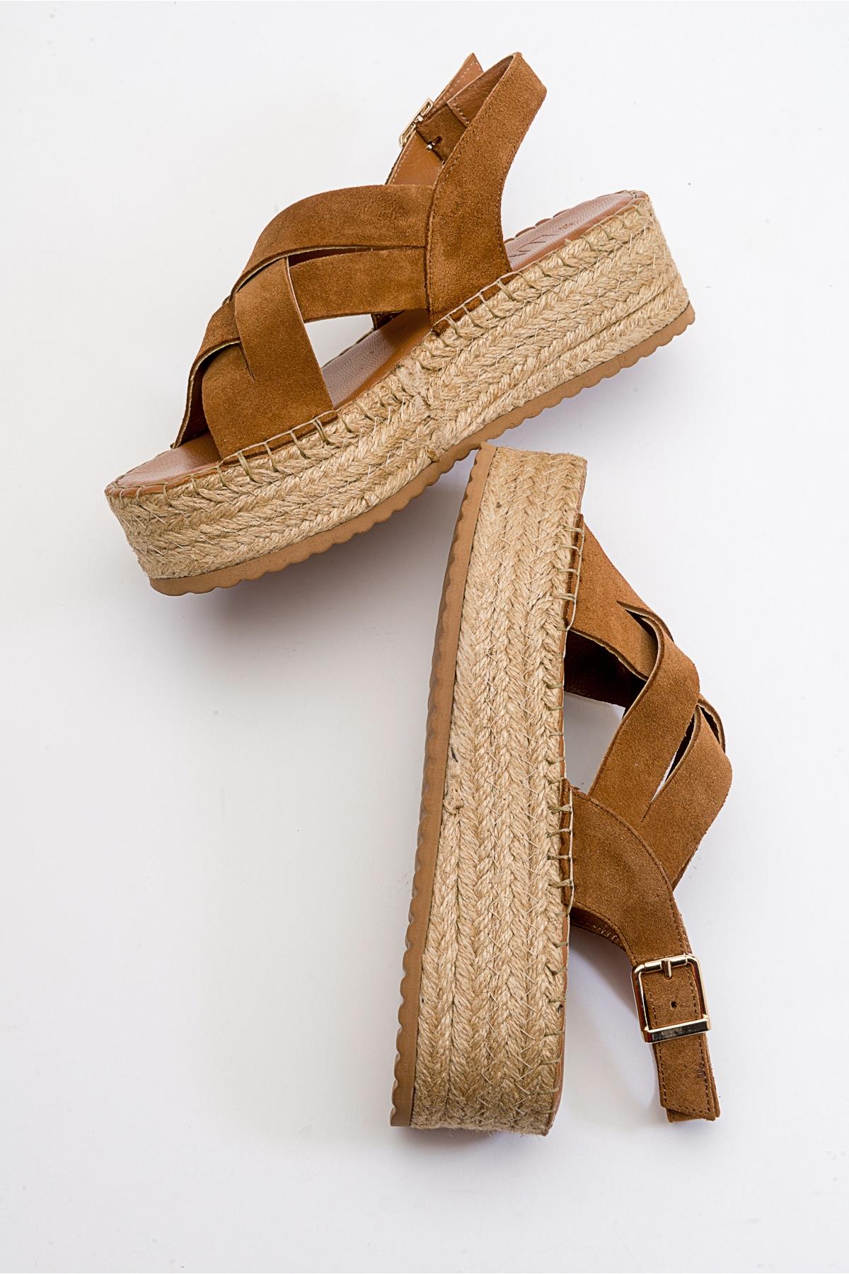 Lontano - Cognac Brown Suede Leather Platform Sandal – back view showing leather, suede, Vowalisse