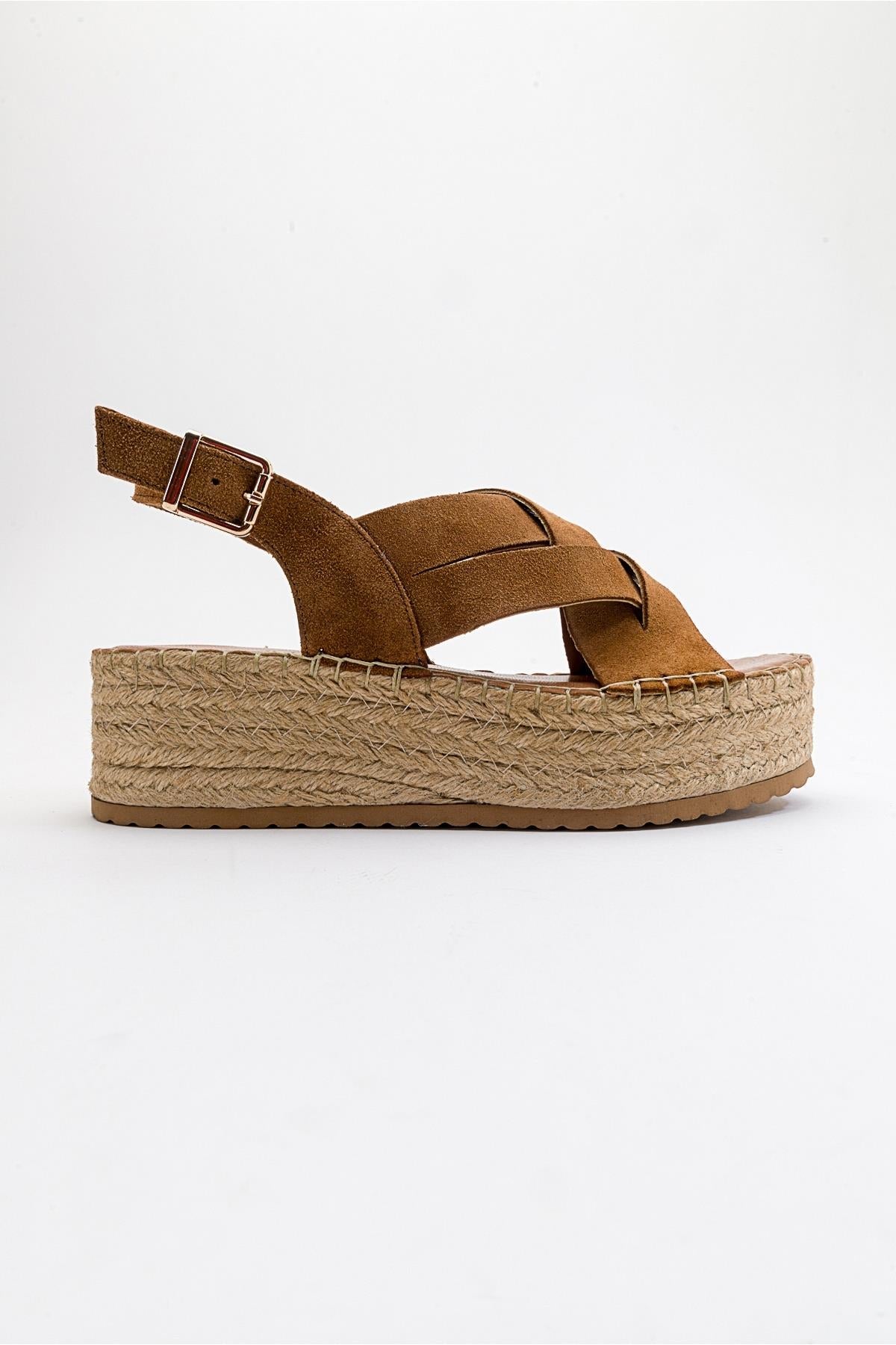 Lontano - Cognac Brown Suede Leather Platform Sandal – top view showing leather, suede, Vowalisse
