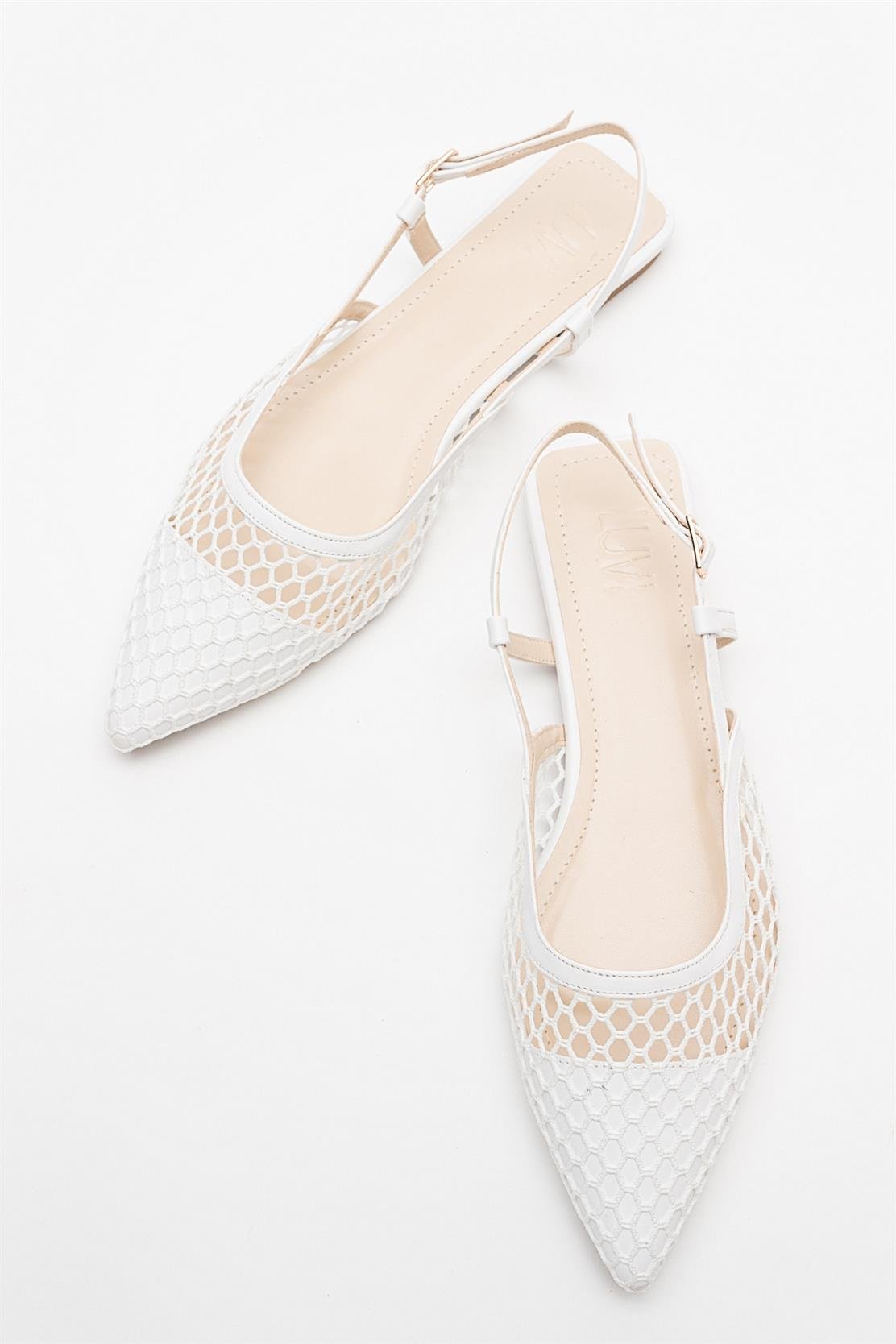 Brace White Mesh Flat Sandal – top view showing leather, mesh, white, Vowalisse