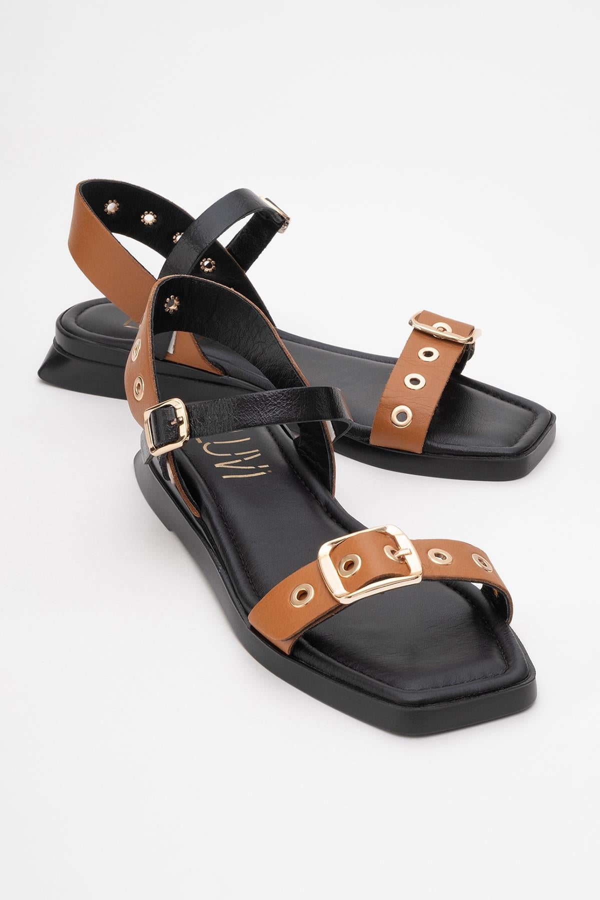 Mozes - Cognac Black Leather Sandal – front three-quarter view showing leather, black, Vowalisse