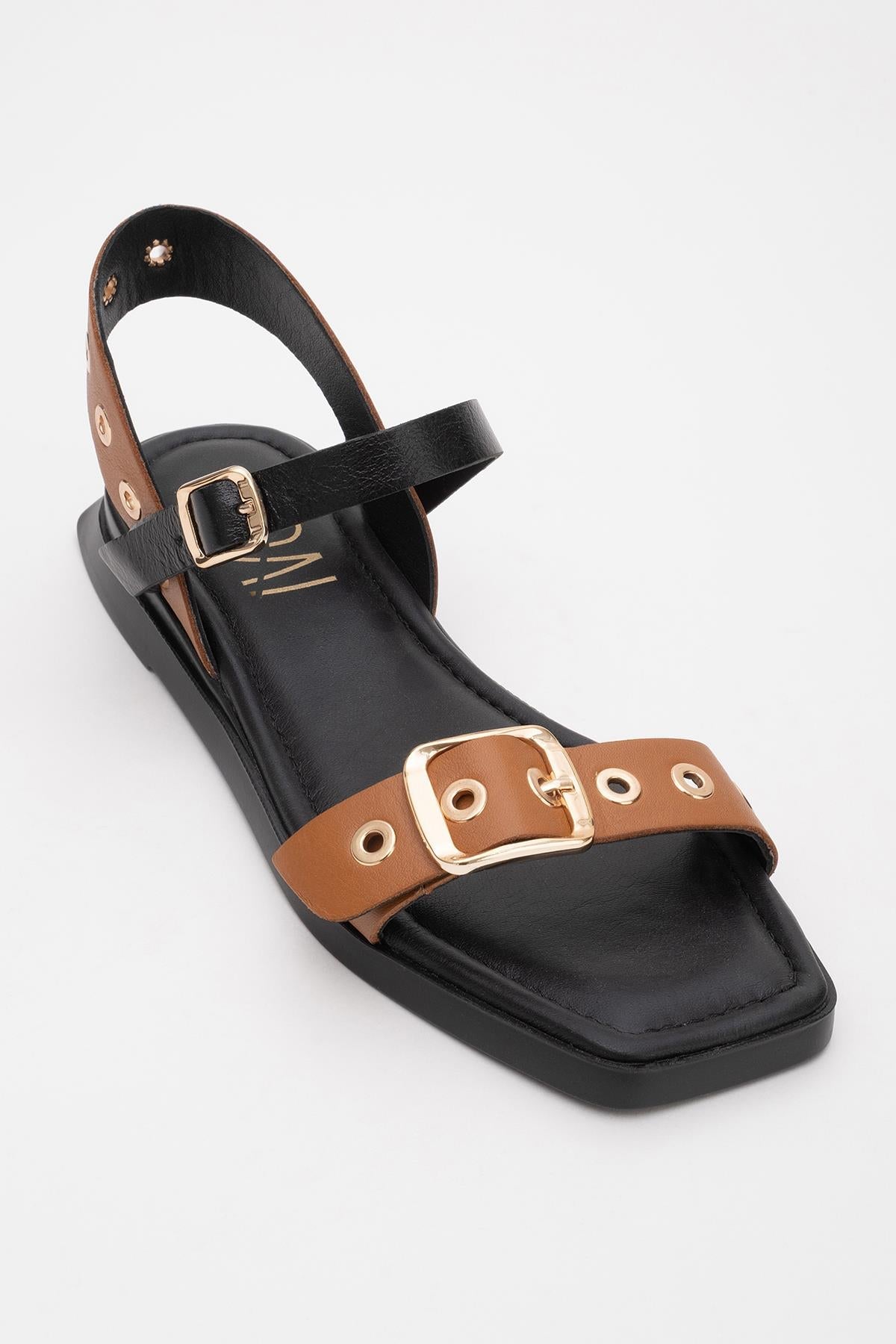 Mozes - Cognac Black Leather Sandal – detail view showing leather, black, Vowalisse