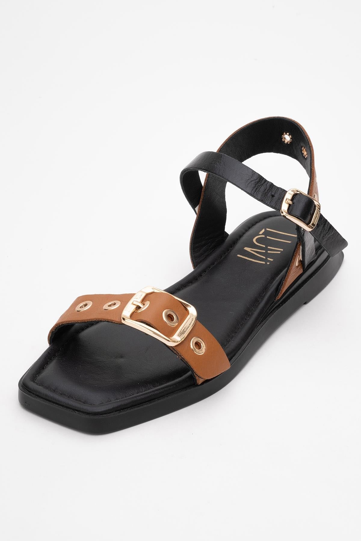 Mozes - Cognac Black Leather Sandal – back view showing leather, black, Vowalisse