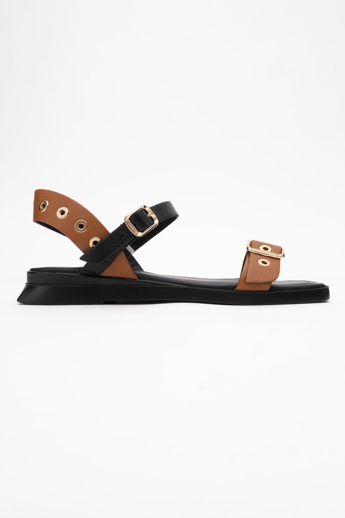 Mozes - Cognac Black Leather Sandal – top view showing leather, black, Vowalisse