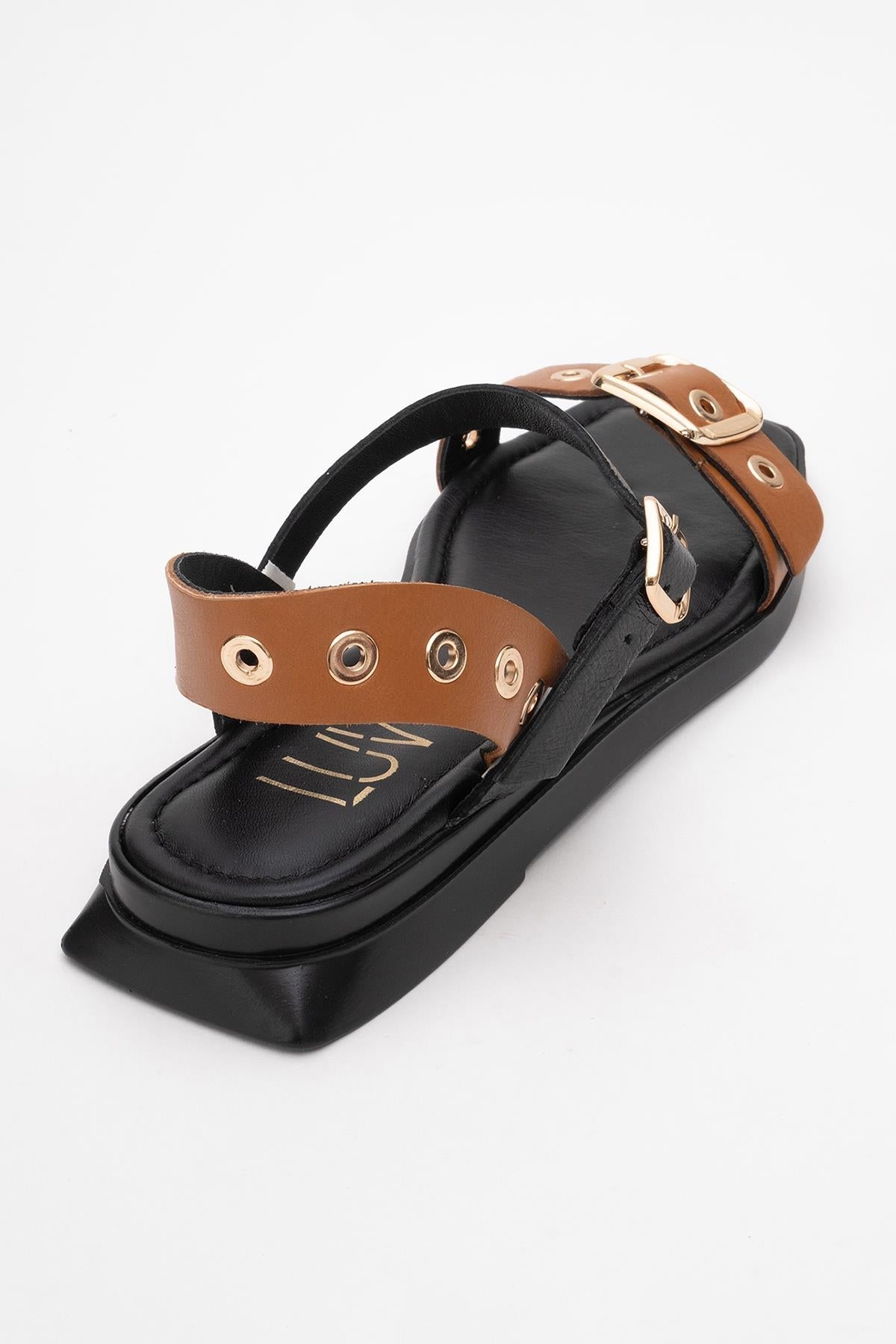 Mozes - Cognac Black Leather Sandal – sole view showing leather, black, Vowalisse