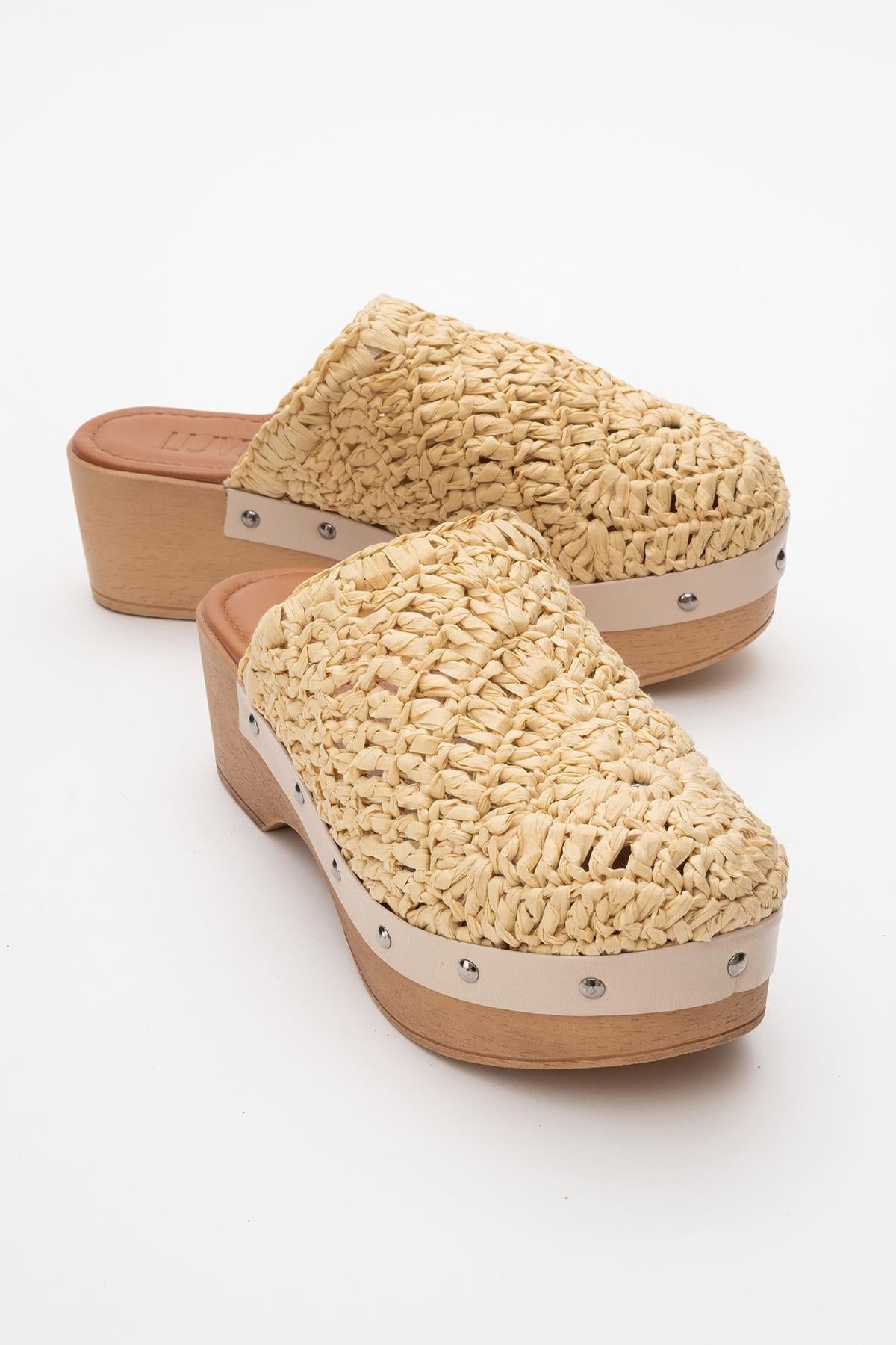 Cooper - Beige Braided Wedge Sandal – front three-quarter view showing leather, Vowalisse