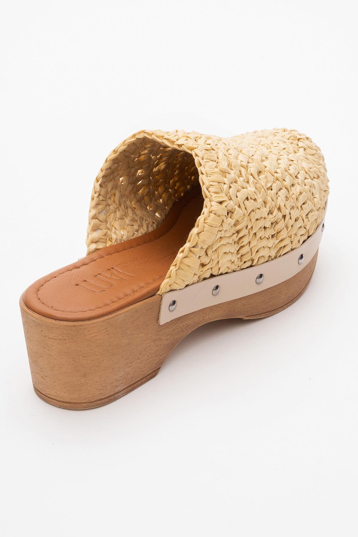 Cooper - Beige Braided Wedge Sandal – back view showing leather, Vowalisse