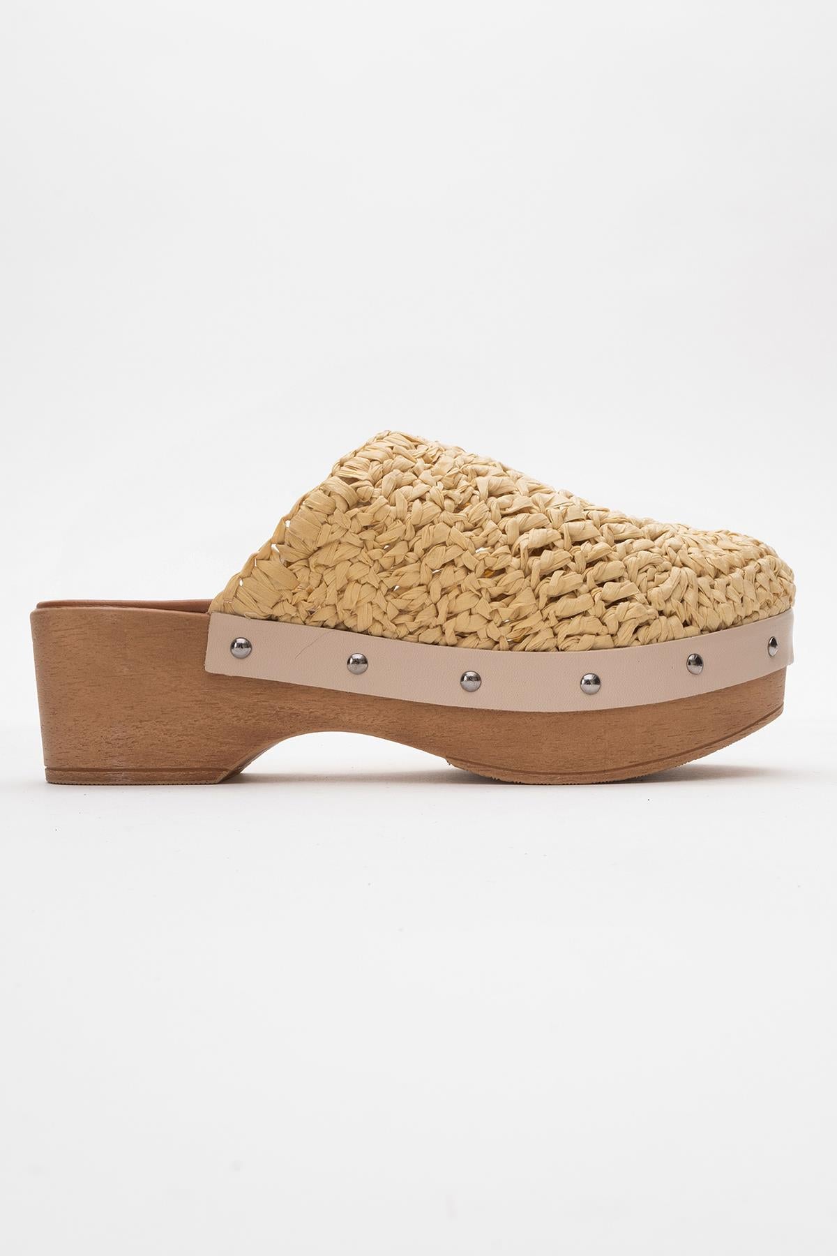 Cooper - Beige Braided Wedge Sandal – top view showing leather, Vowalisse