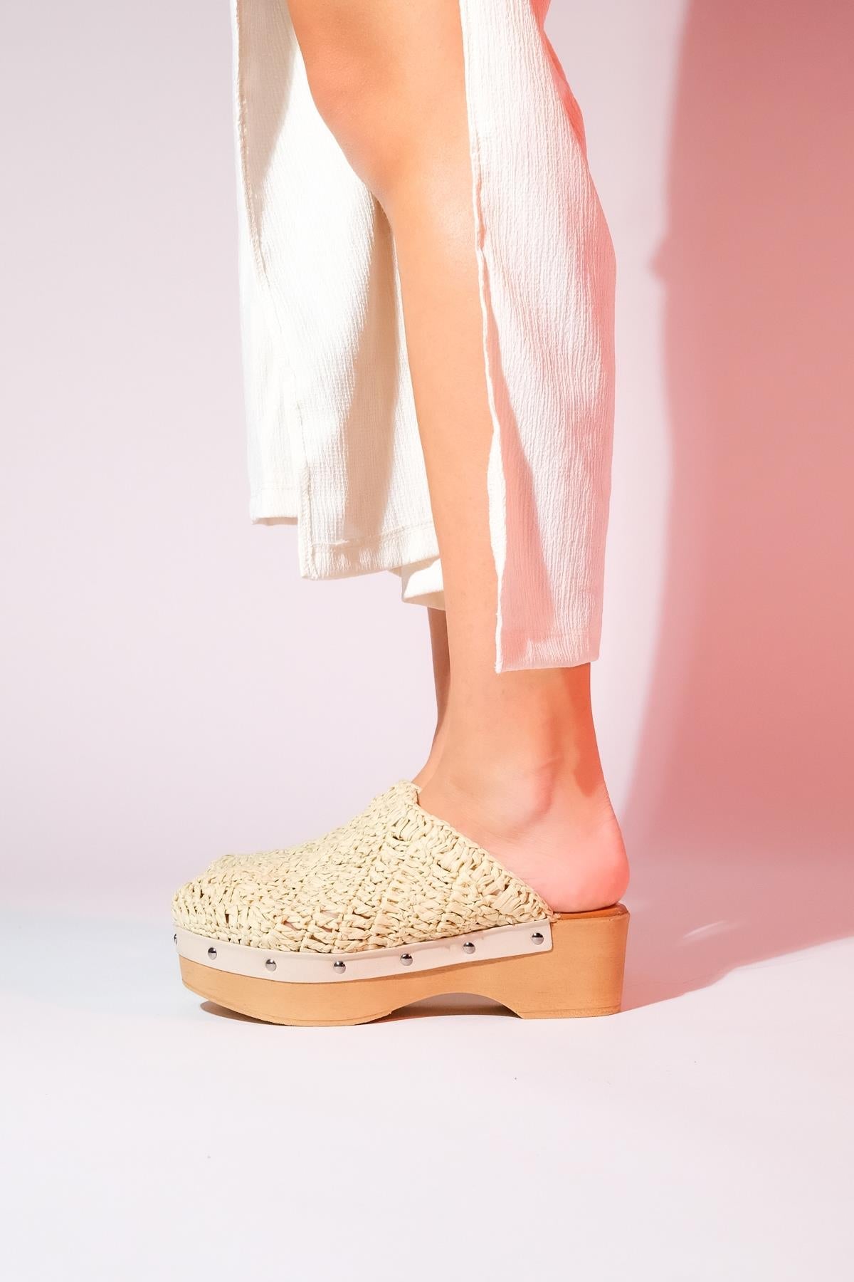 Cooper - Beige Braided Wedge Sandal – pair view showing leather, Vowalisse