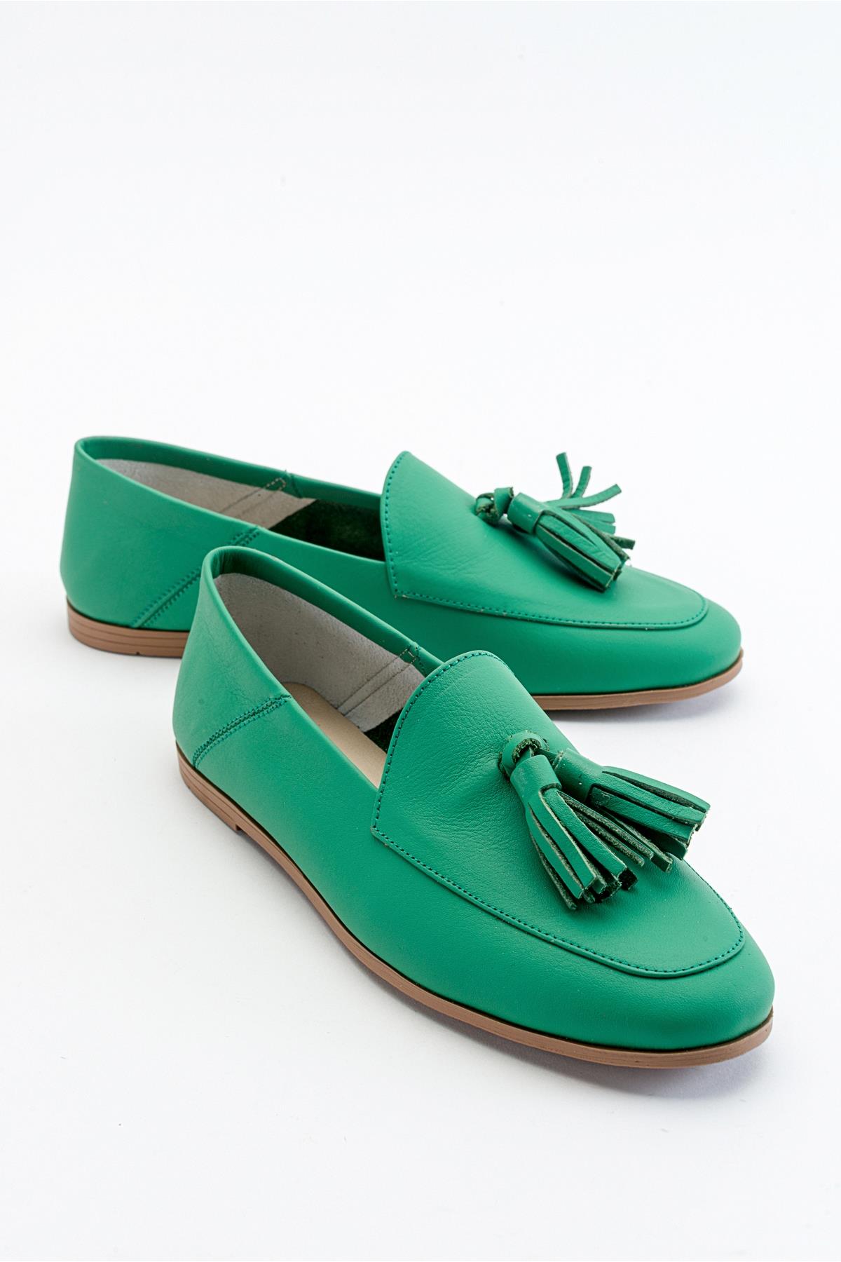 F04 - Forest Green Genuine Leather Tassel Loafer – front three-quarter view showing leather, green, Vowalisse