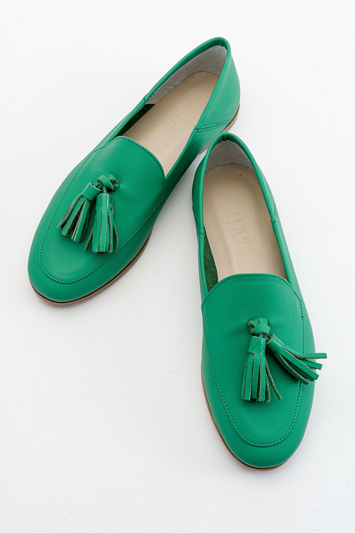 F04 - Forest Green Genuine Leather Tassel Loafer – side view showing leather, green, Vowalisse