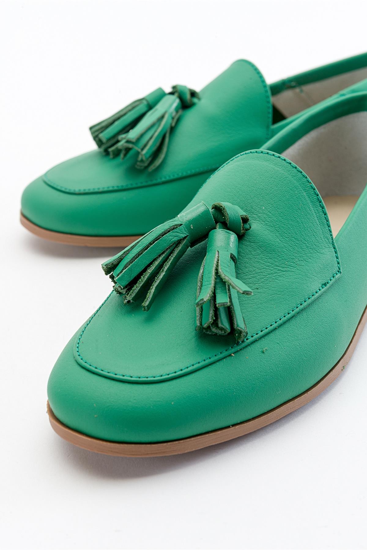 F04 - Forest Green Genuine Leather Tassel Loafer – back view showing leather, green, Vowalisse