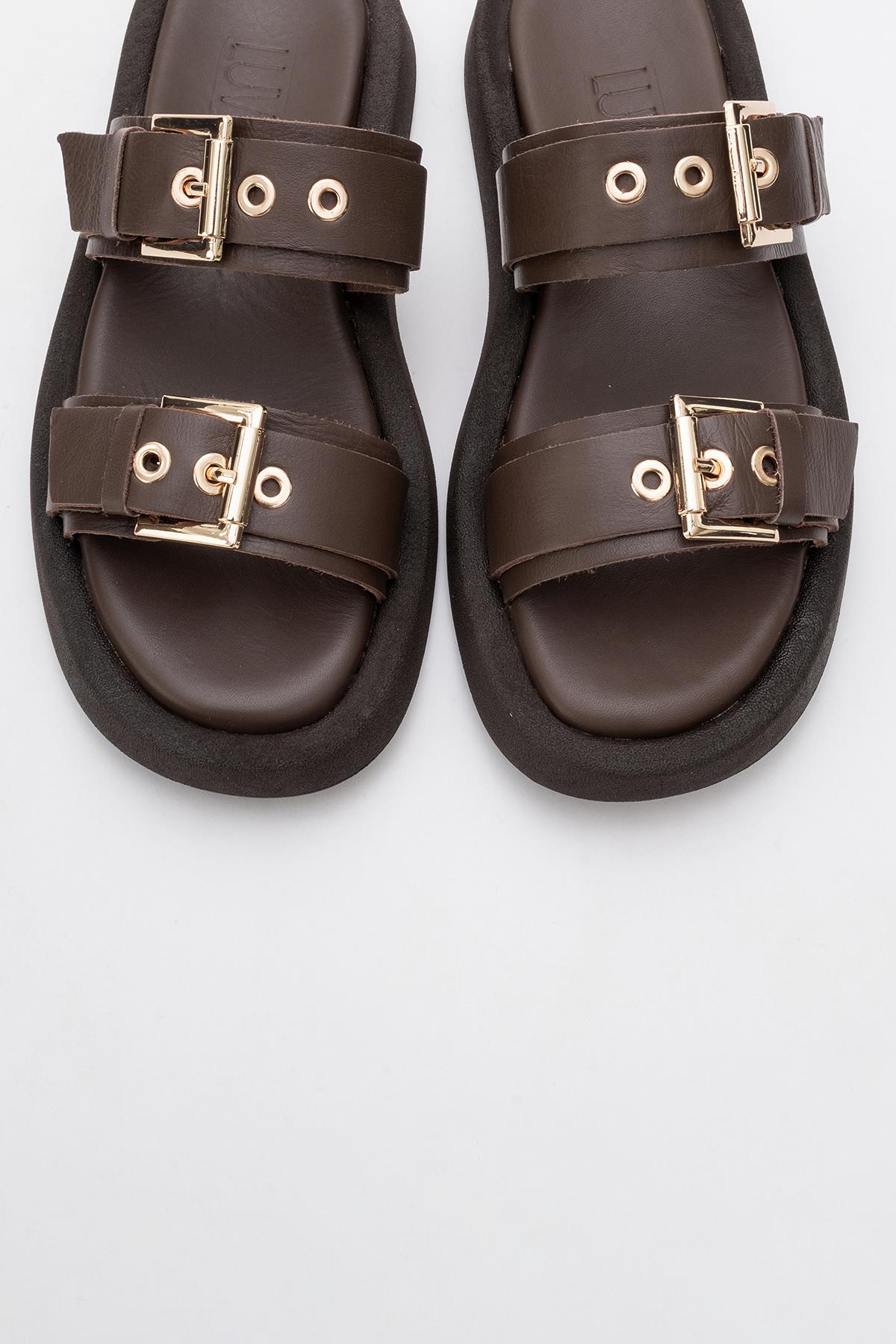 Finezza - Brown Leather Two-Strap Sandal – side view showing crystal, leather, Vowalisse