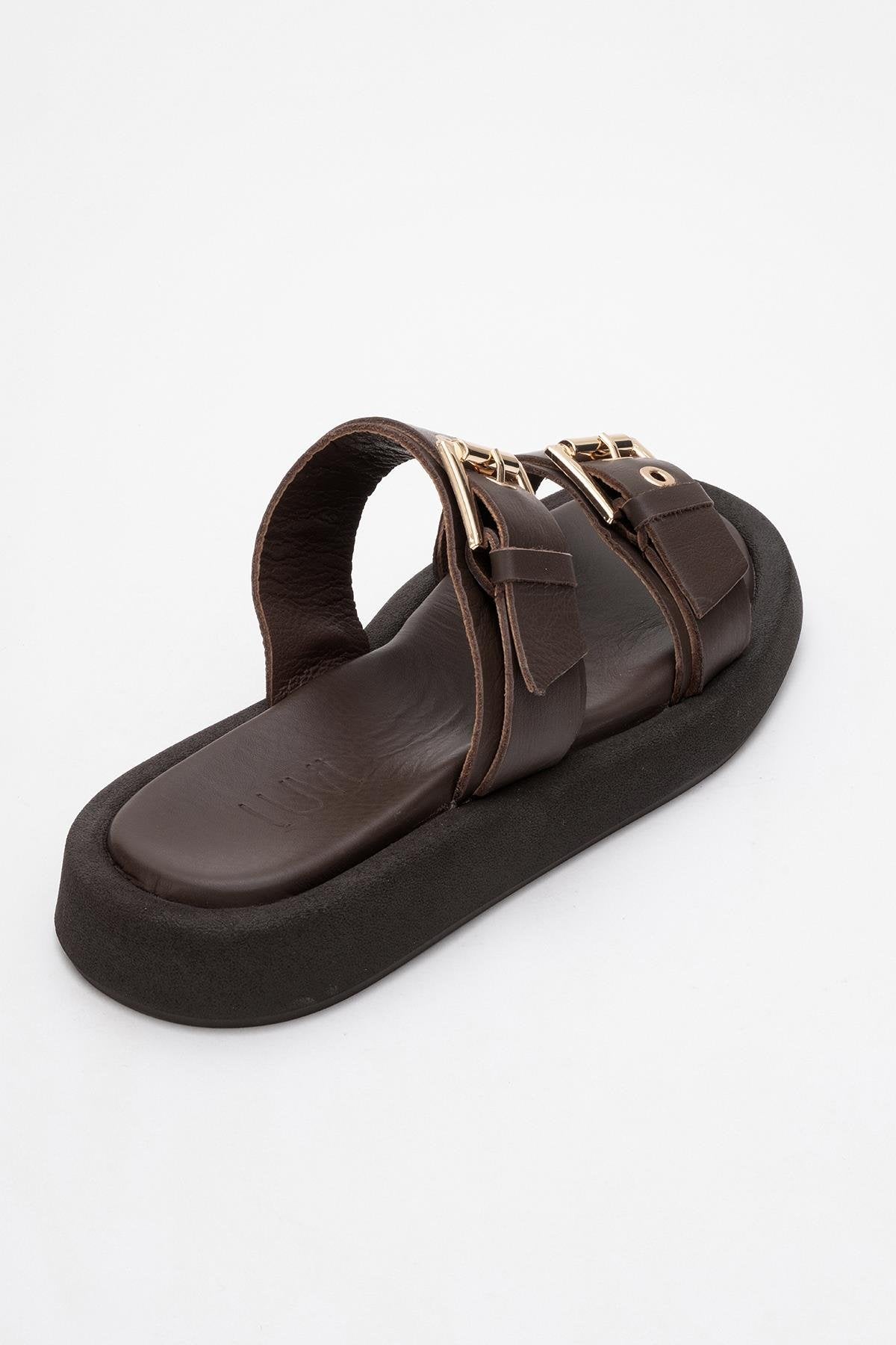 Finezza - Brown Leather Two-Strap Sandal – back view showing crystal, leather, Vowalisse