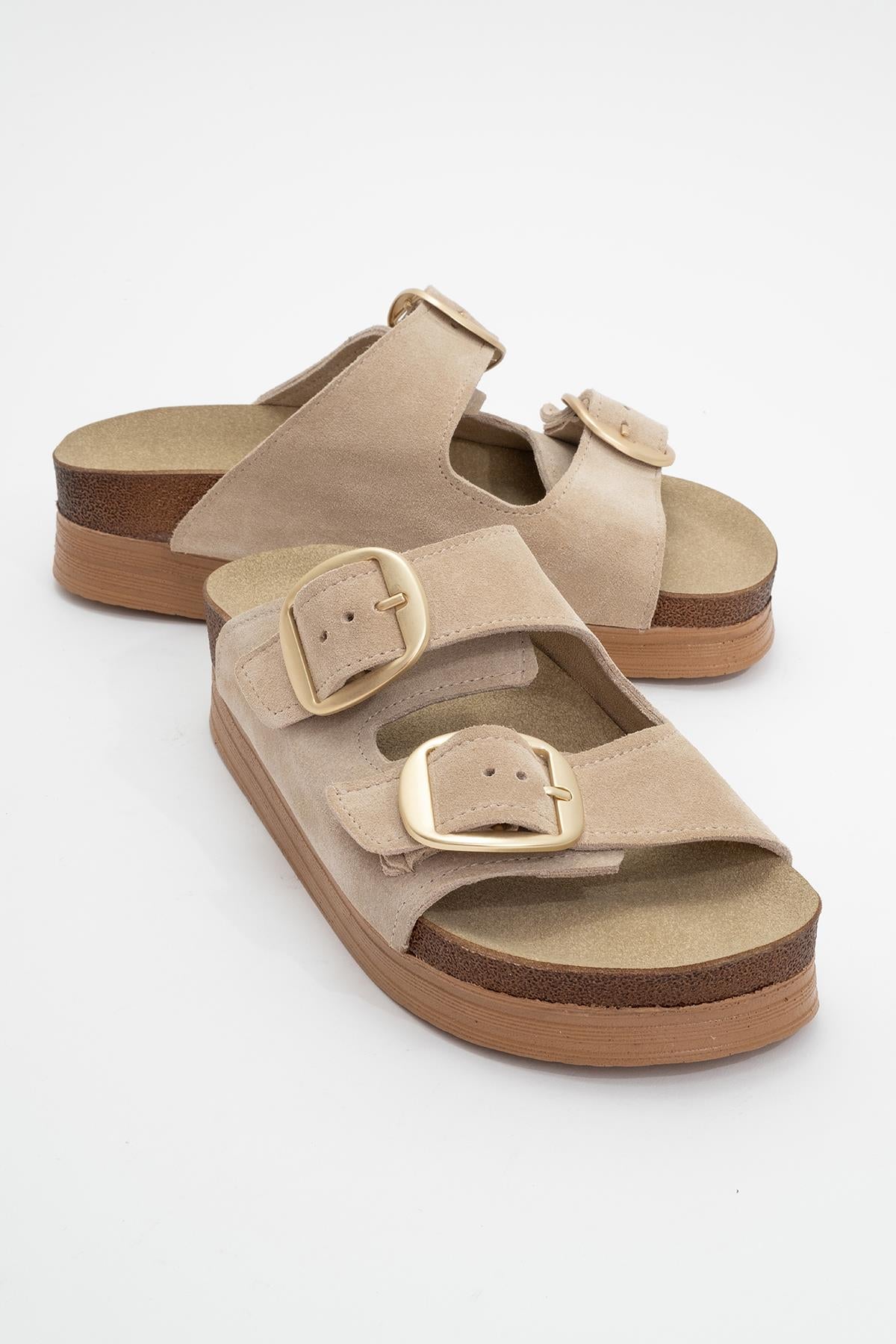 Harbor - Beige Suede Leather Two-Strap Sandal – front three-quarter view showing leather, suede, Vowalisse
