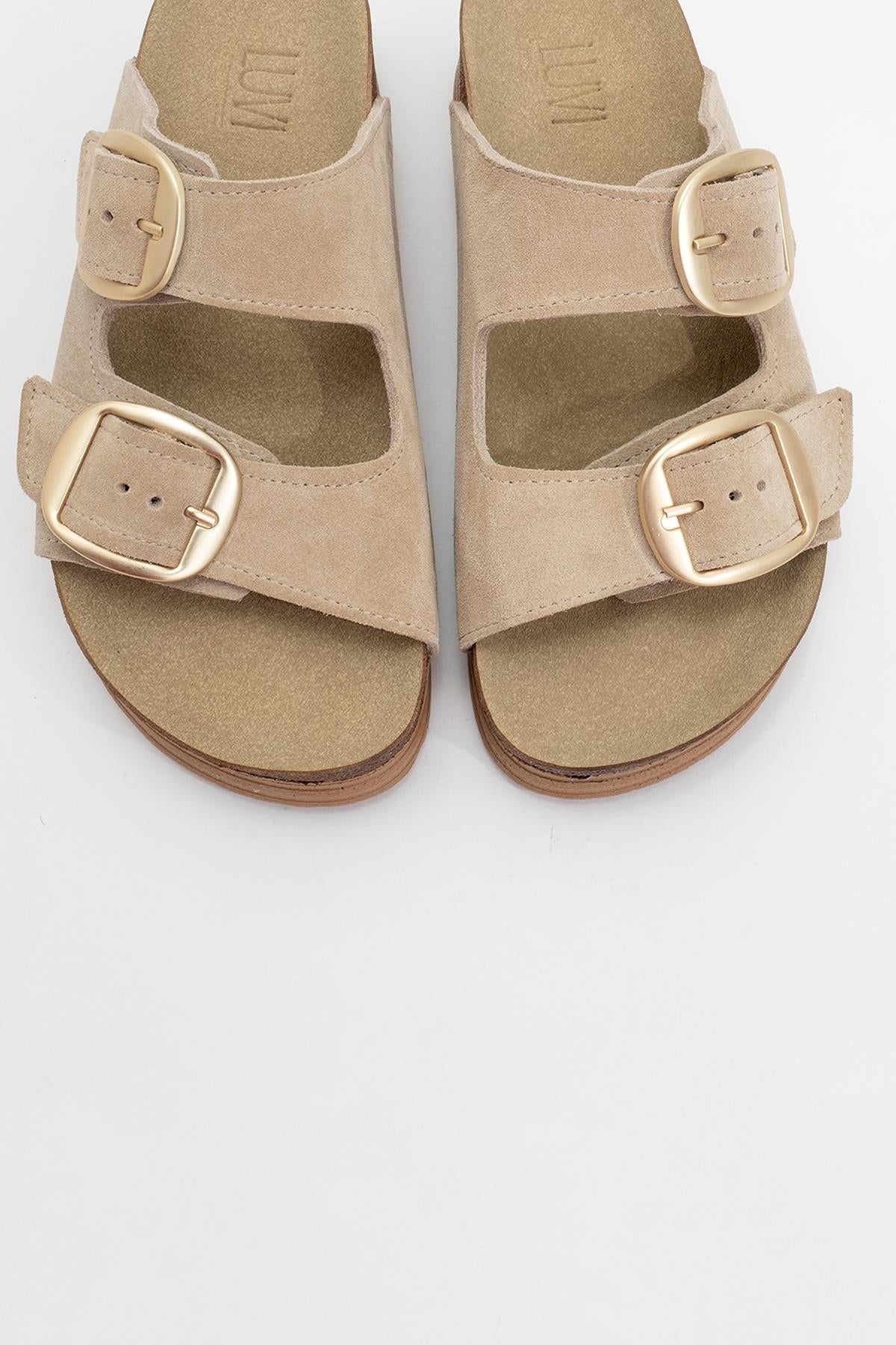 Harbor - Beige Suede Leather Two-Strap Sandal – side view showing leather, suede, Vowalisse
