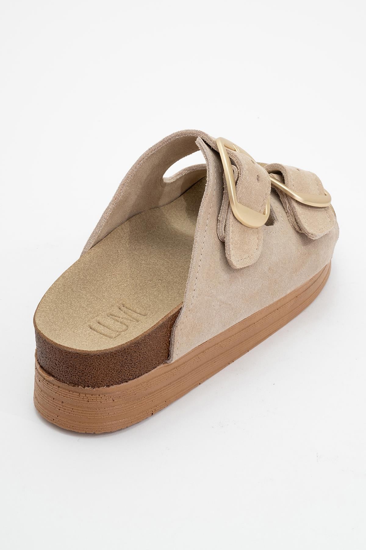 Harbor - Beige Suede Leather Two-Strap Sandal – detail view showing leather, suede, Vowalisse
