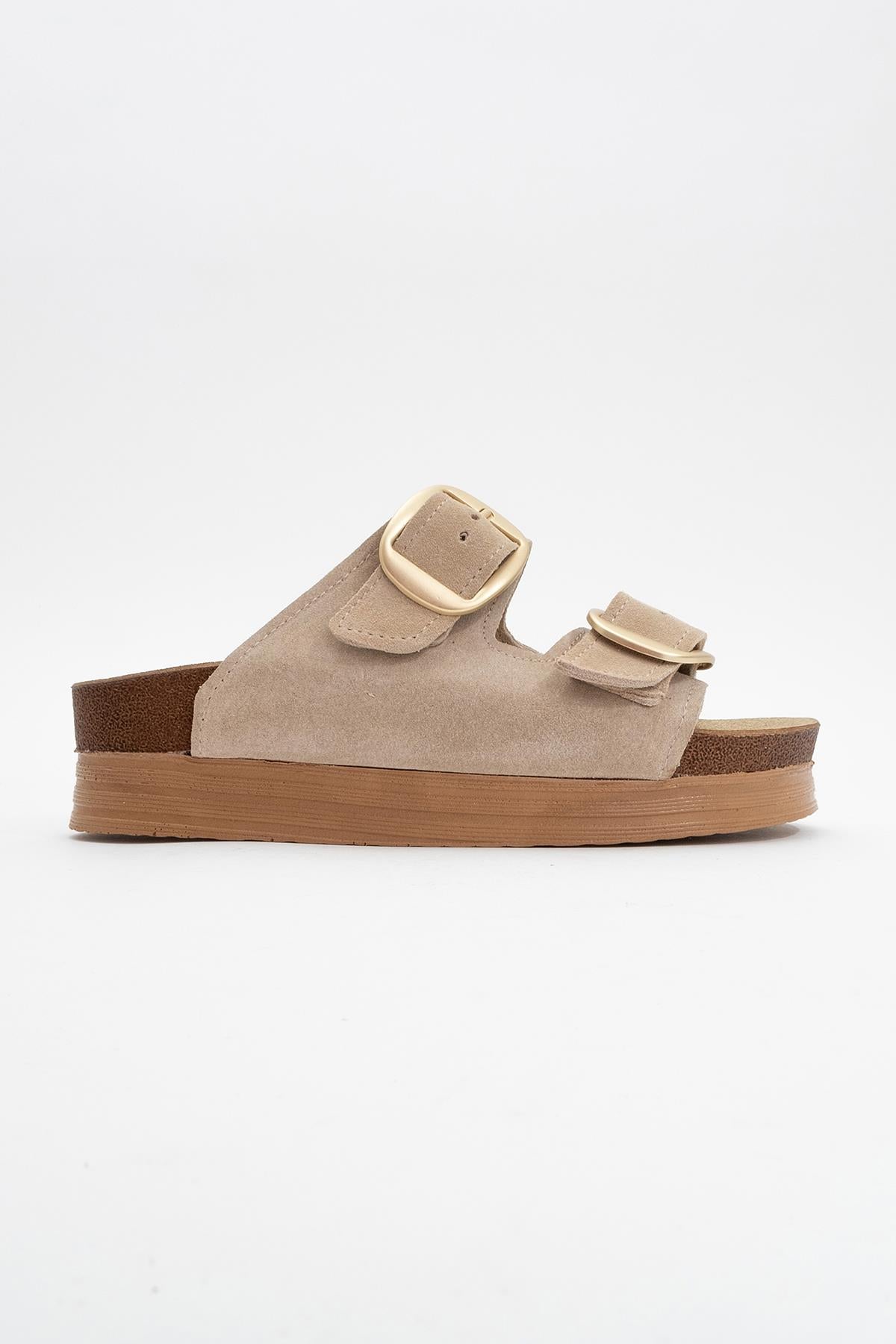Harbor - Beige Suede Leather Two-Strap Sandal – back view showing leather, suede, Vowalisse