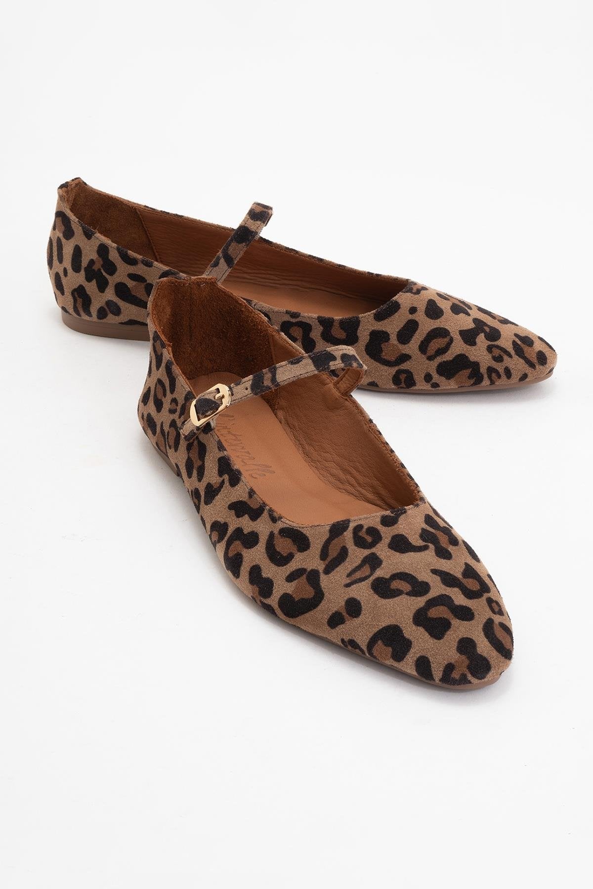 Lara - Leopard Print Suede Leather Mary Jane Flats – front three-quarter view showing leather, suede, Vowalisse