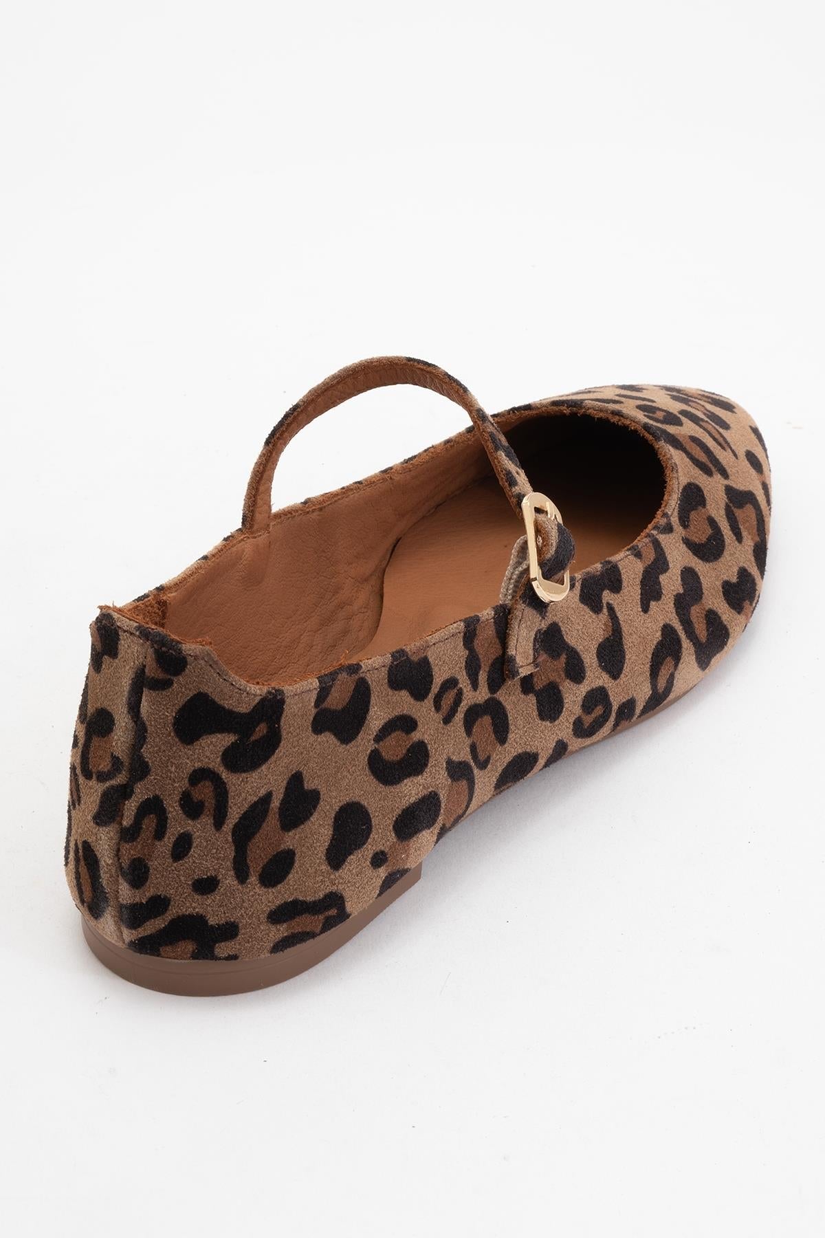 Lara - Leopard Print Suede Leather Mary Jane Flats – heel view showing leather, suede, Vowalisse