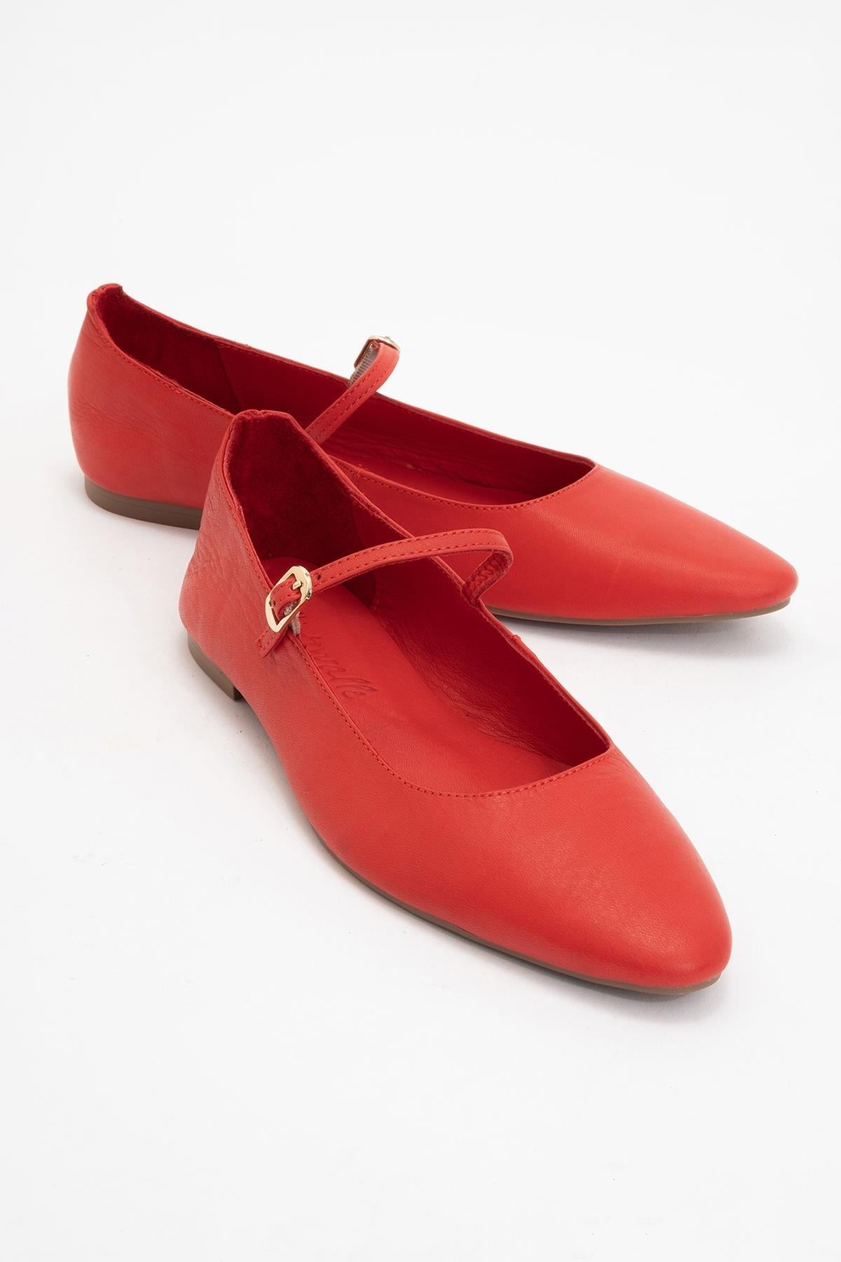 Lara - Red Leather Mary Jane Flats – front three-quarter view showing leather, red, Vowalisse