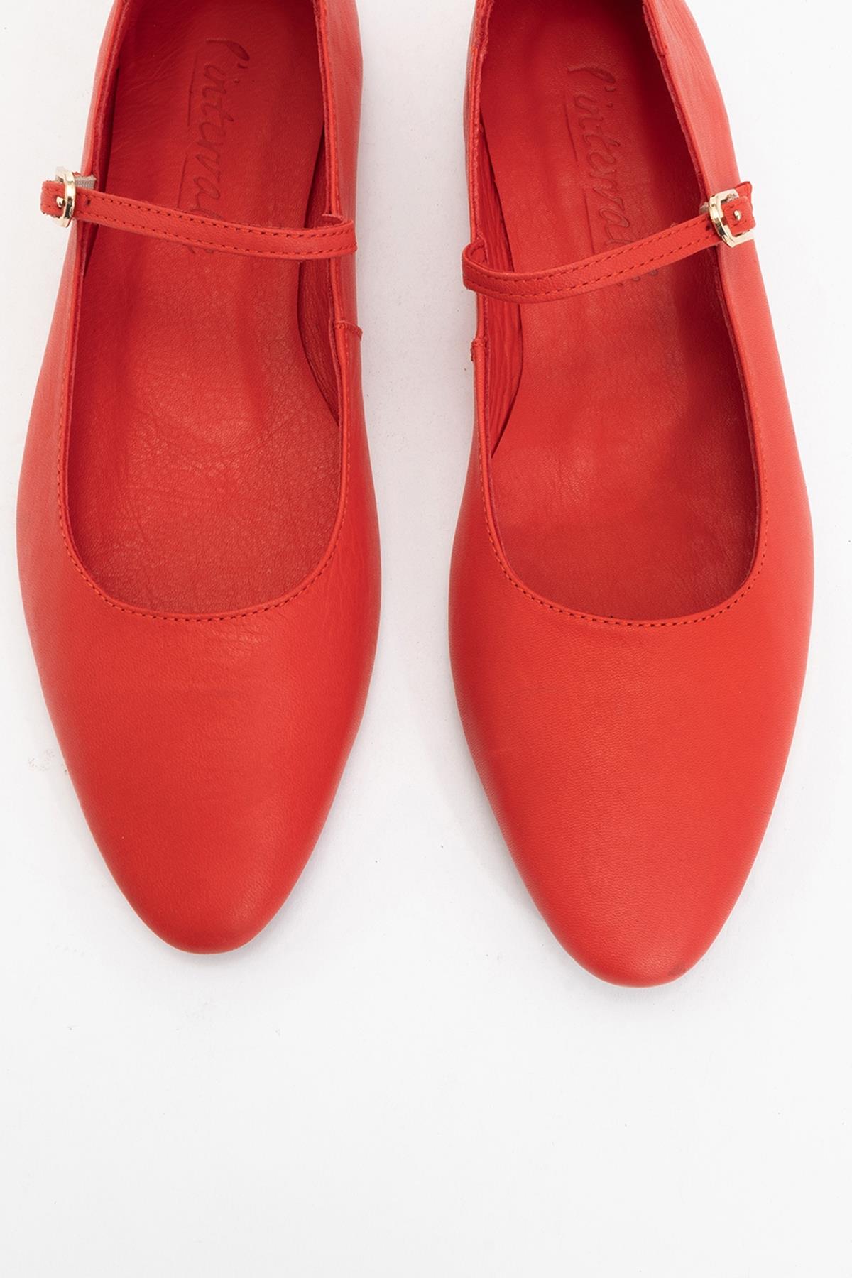 Lara - Red Leather Mary Jane Flats – side view showing leather, red, Vowalisse