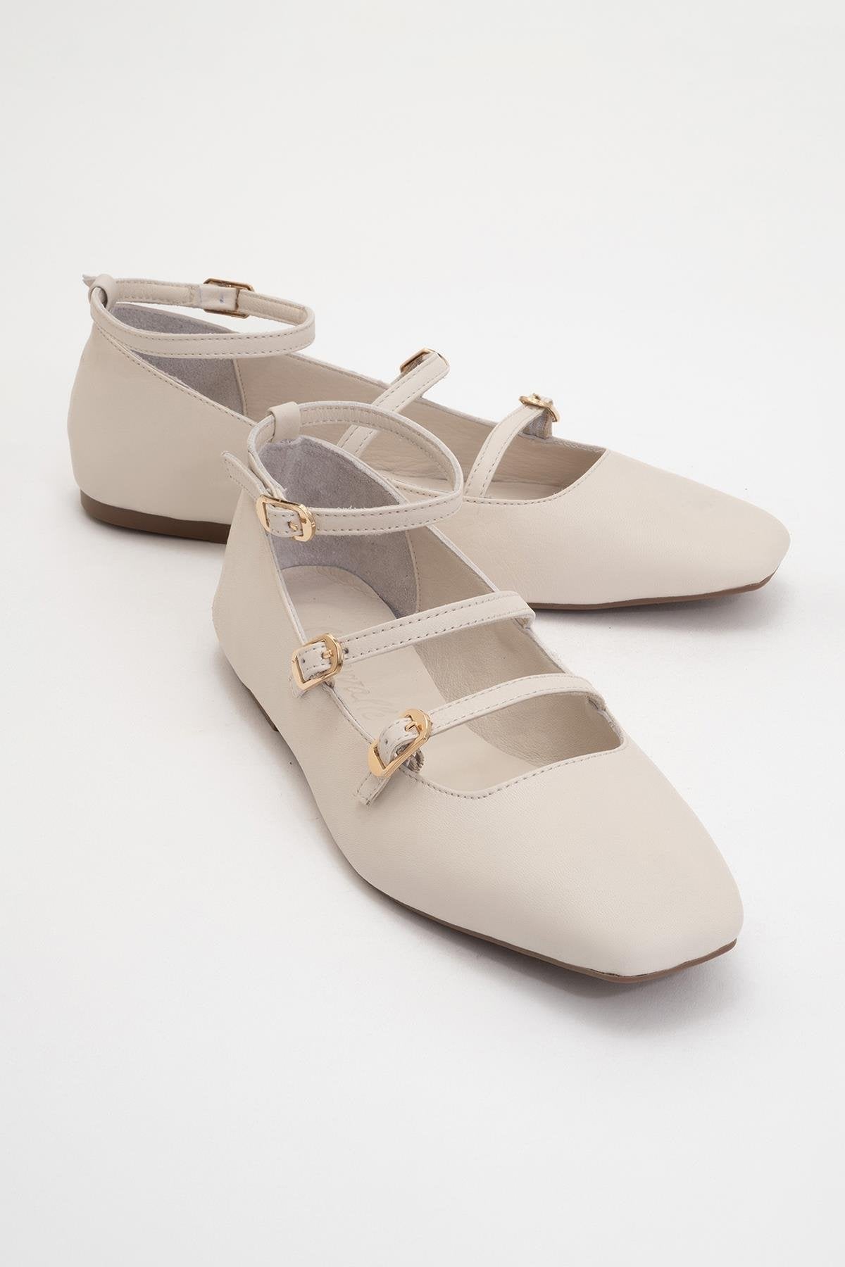 Serena - Beige Leather Mary Jane Flats – front three-quarter view showing leather, suede, red, Vowalisse