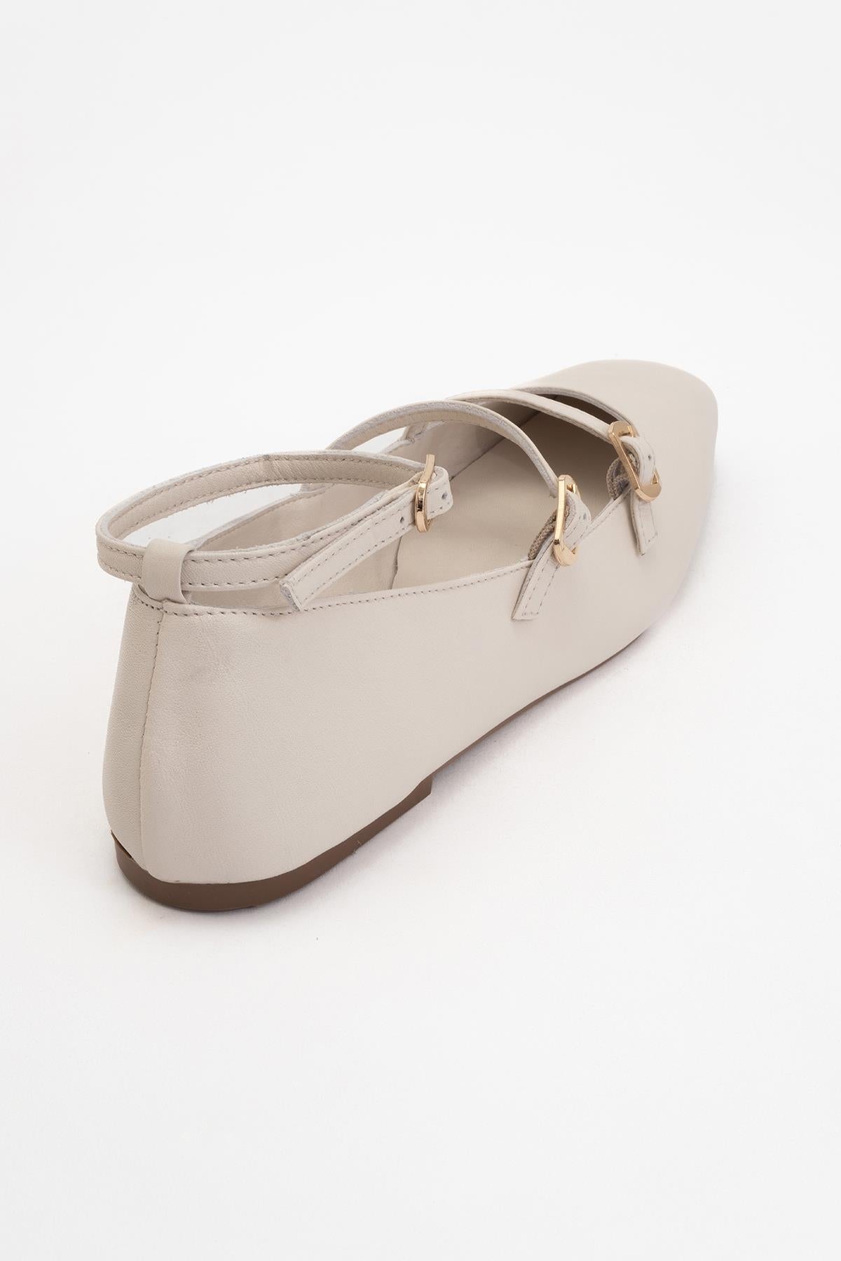 Serena - Beige Leather Mary Jane Flats – heel view showing leather, suede, red, Vowalisse