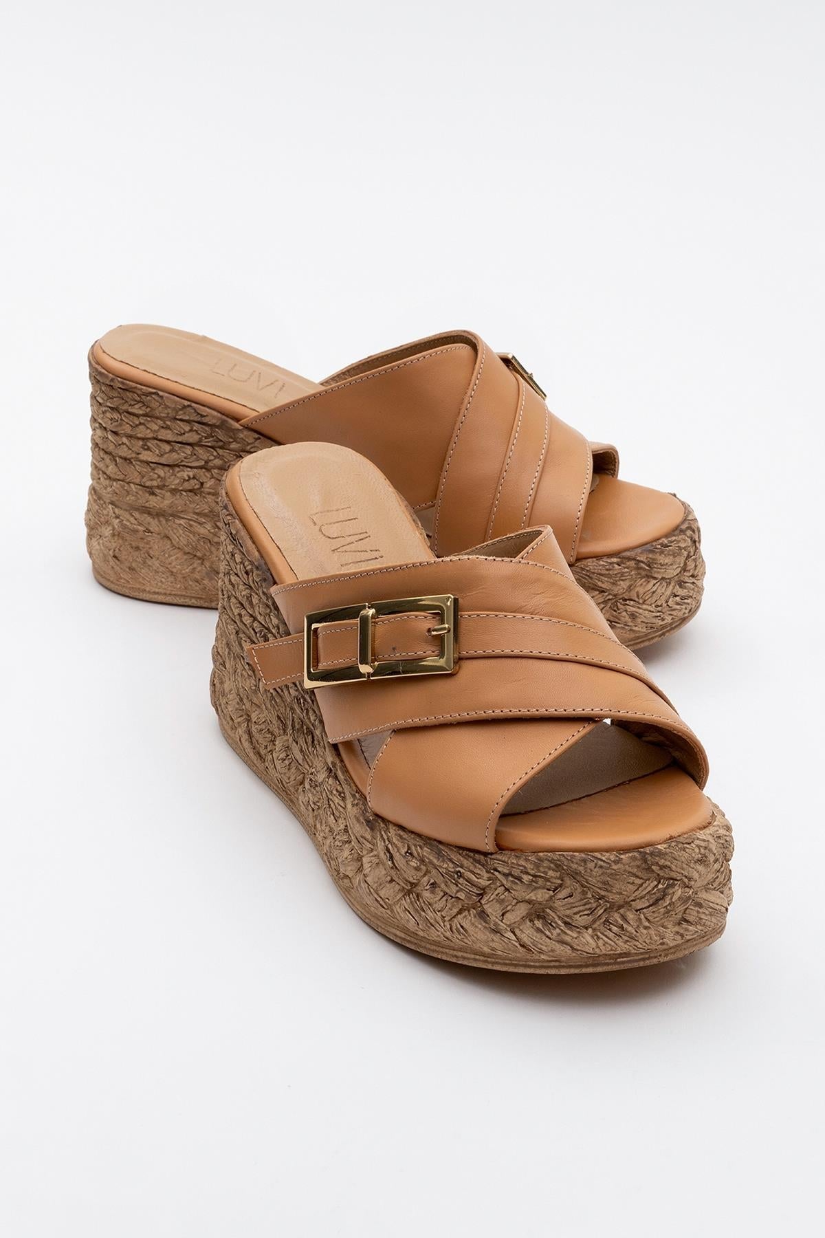Palmas - Cognac Brown Leather Platform Sandal – front three-quarter view showing leather, Vowalisse