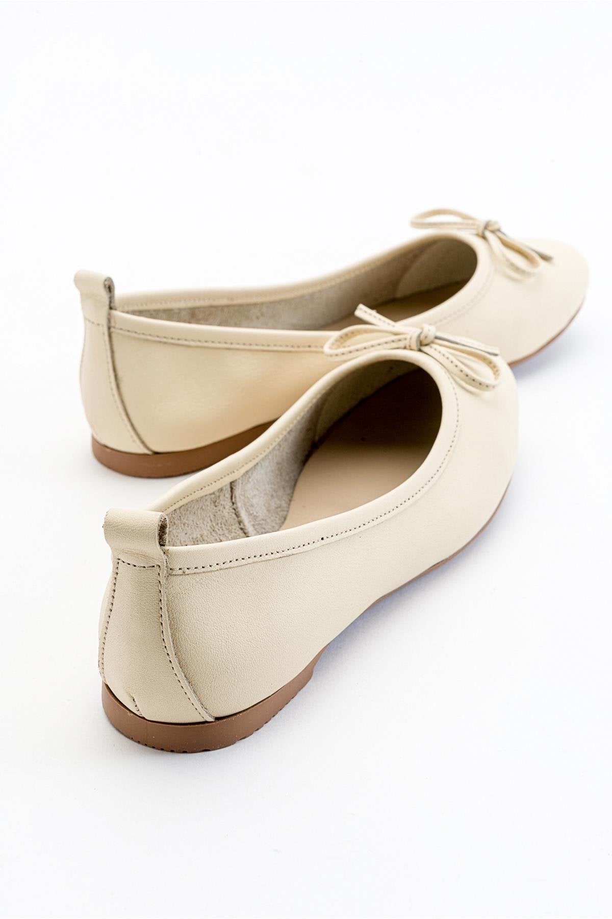 Florence - Beige Ballerina Flats – side view showing bow, leather, suede, Vowalisse