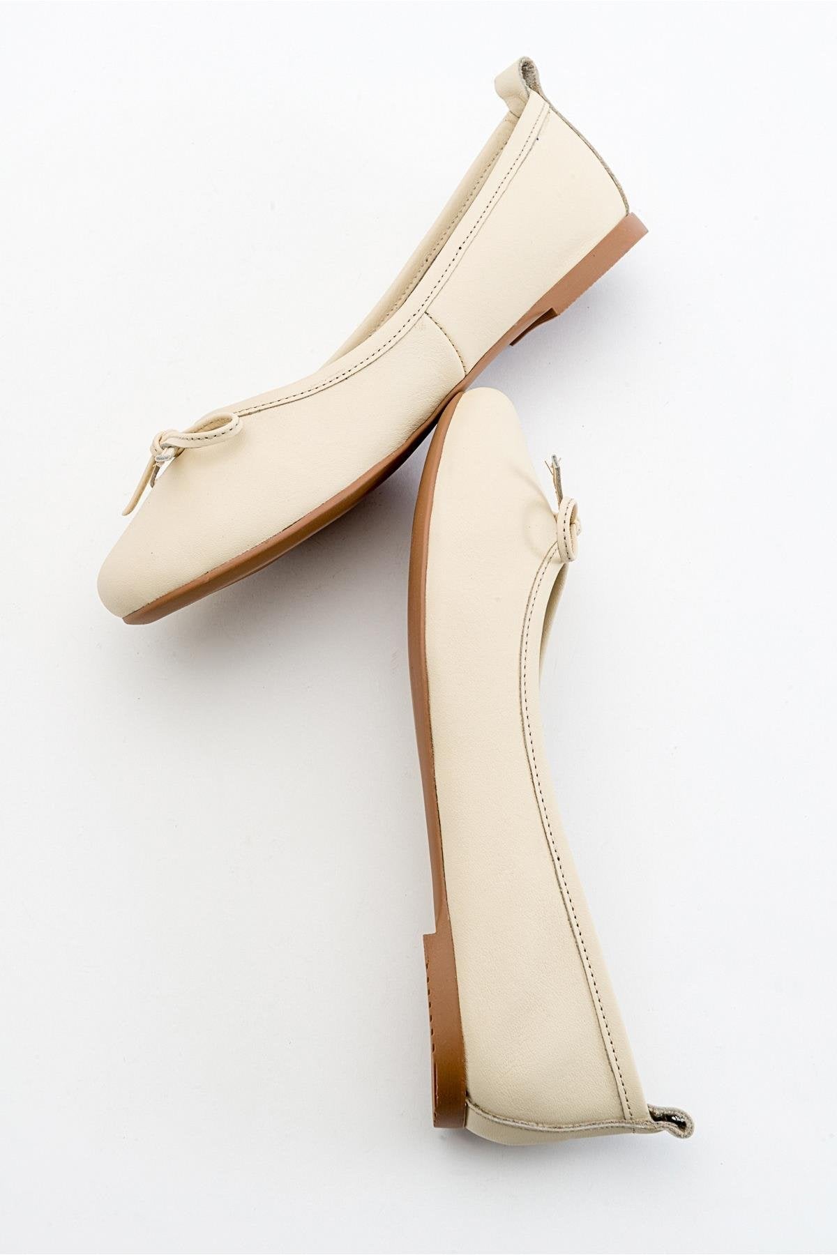 Florence - Beige Ballerina Flats – back view showing bow, leather, suede, Vowalisse