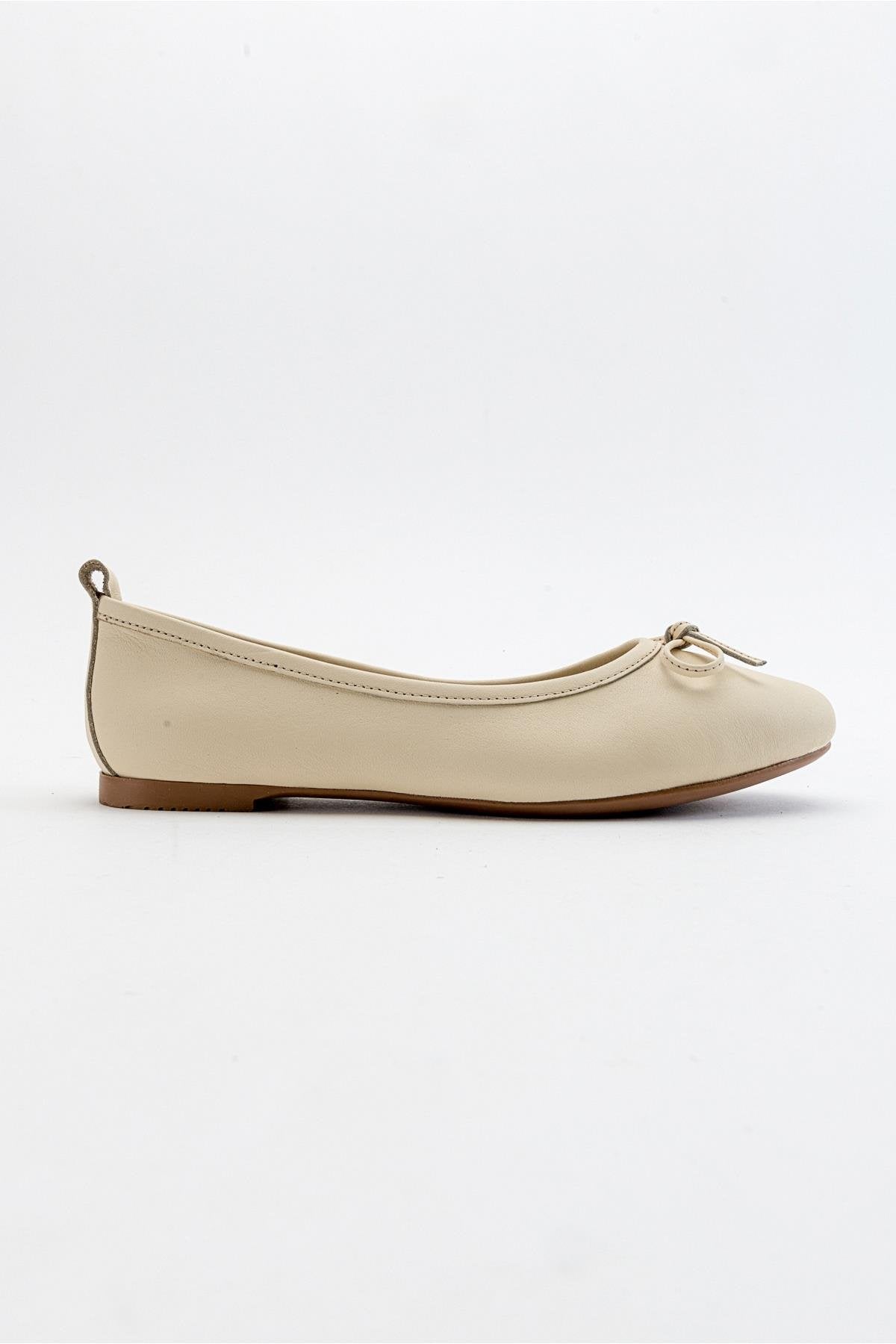 Florence - Beige Ballerina Flats – top view showing bow, leather, suede, Vowalisse