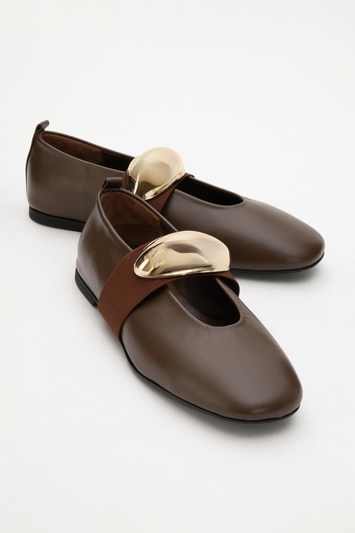 Zoey - Brown Leather Ballet Flats – front three-quarter view showing leather, gold, Vowalisse